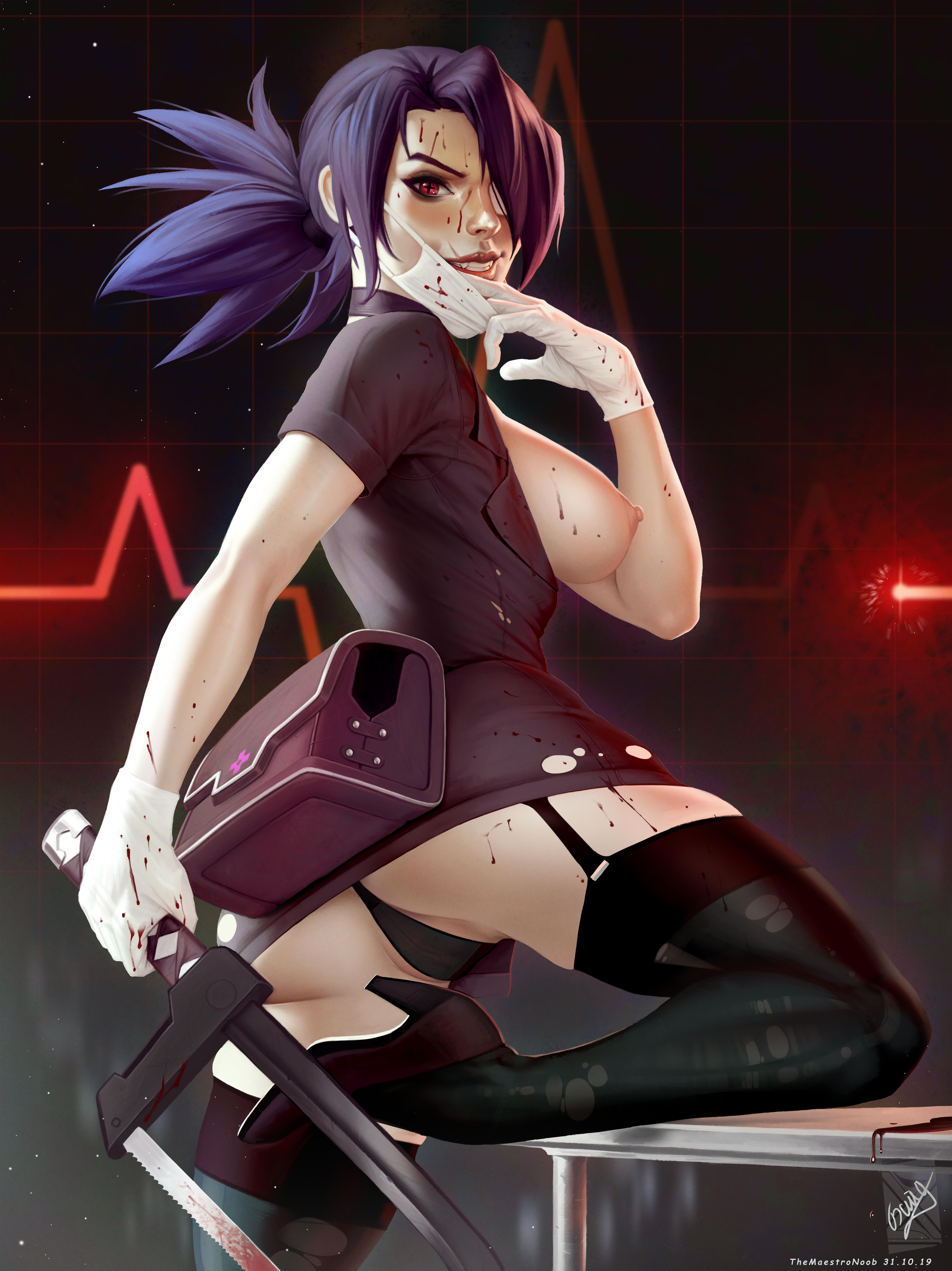 1girls, absurdres, areolae, ass, breasts, cameltoe, female, female only, highres, looking at viewer, looking back, nipples, panties, pussy, skullgirls, solo, themaestronoob, valentine (skullgirls)