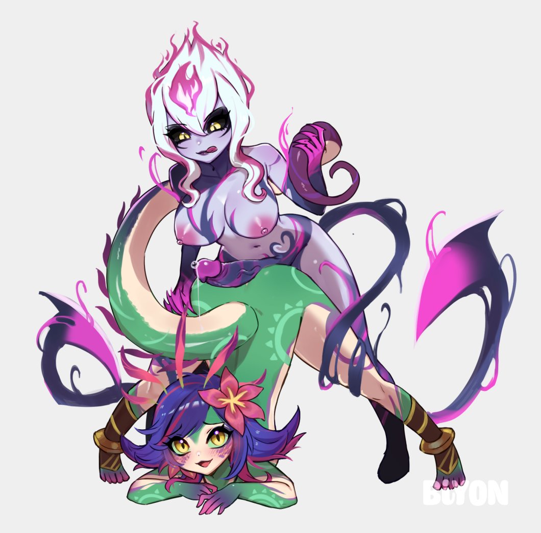 1futa 1girls :p big_breasts big_penis biyontran black_sclera blush breasts claws demon_girl duo erection evelynn female flower futa_on_female futanari green_sclera hair_between_eyes hair_flower hair_ornament humanoid humanoid_penis imminent_sex jack-o_pose large_breasts league_of_legends lizard_girl lizard_tail looking_at_viewer multicolored_skin neeko nipples nude open_mouth penis pink_hair precum precum_drip purple_hair short_hair simple_background slit_pupils smile spread_legs tail toeless_legwear tongue_out top-down_bottom-up white_background white_hair yellow_eyes