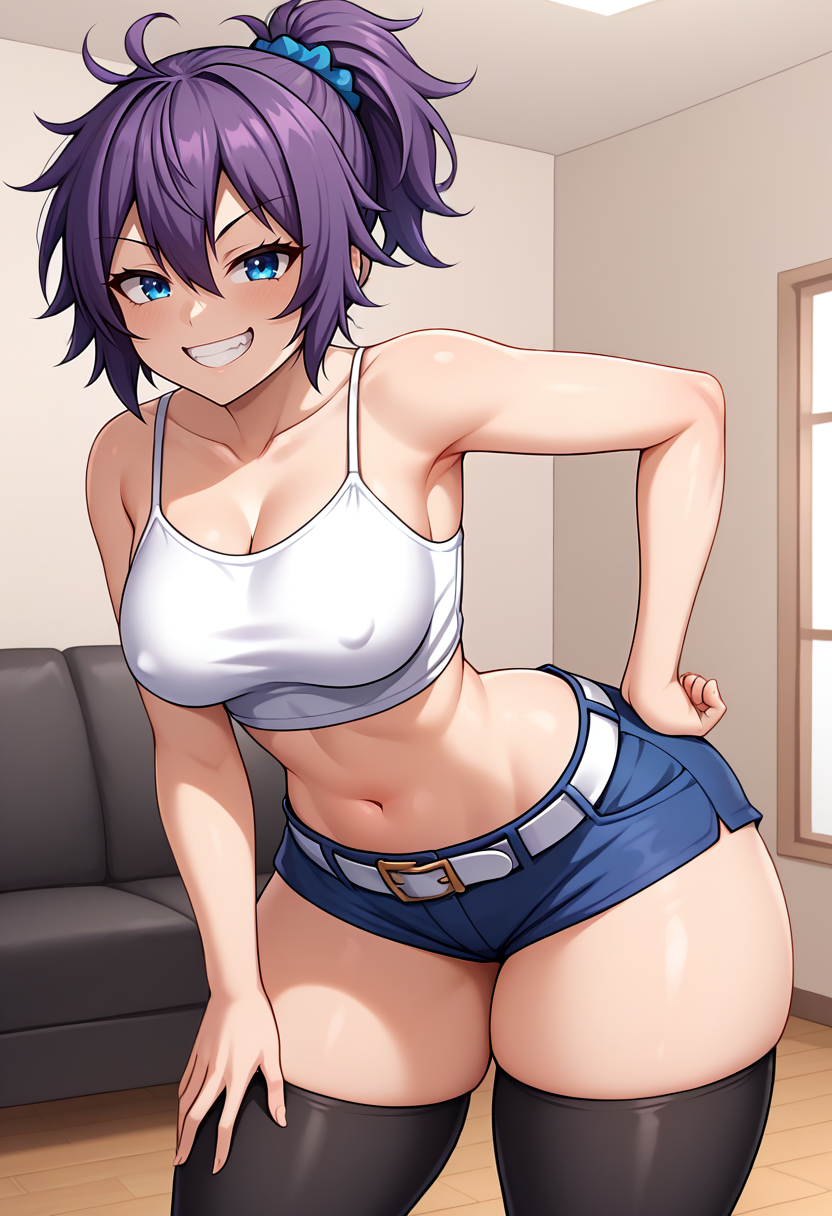 ai_generated aoba_(kantai_collection) armpits bangs bare_shoulders belt black_legwear blue_eyes blue_shorts blush breasts cleavage collarbone covered_nipples female grin hair_scrunchie hand_on_hip kantai_collection looking_at_viewer medium_breasts midriff navel ponytail purple_hair scrunchie self_upload short_shorts shorts smile solo takaman_(gaffe)_(style) tank_top teeth thick_thighs thighhighs thighs wide_hips