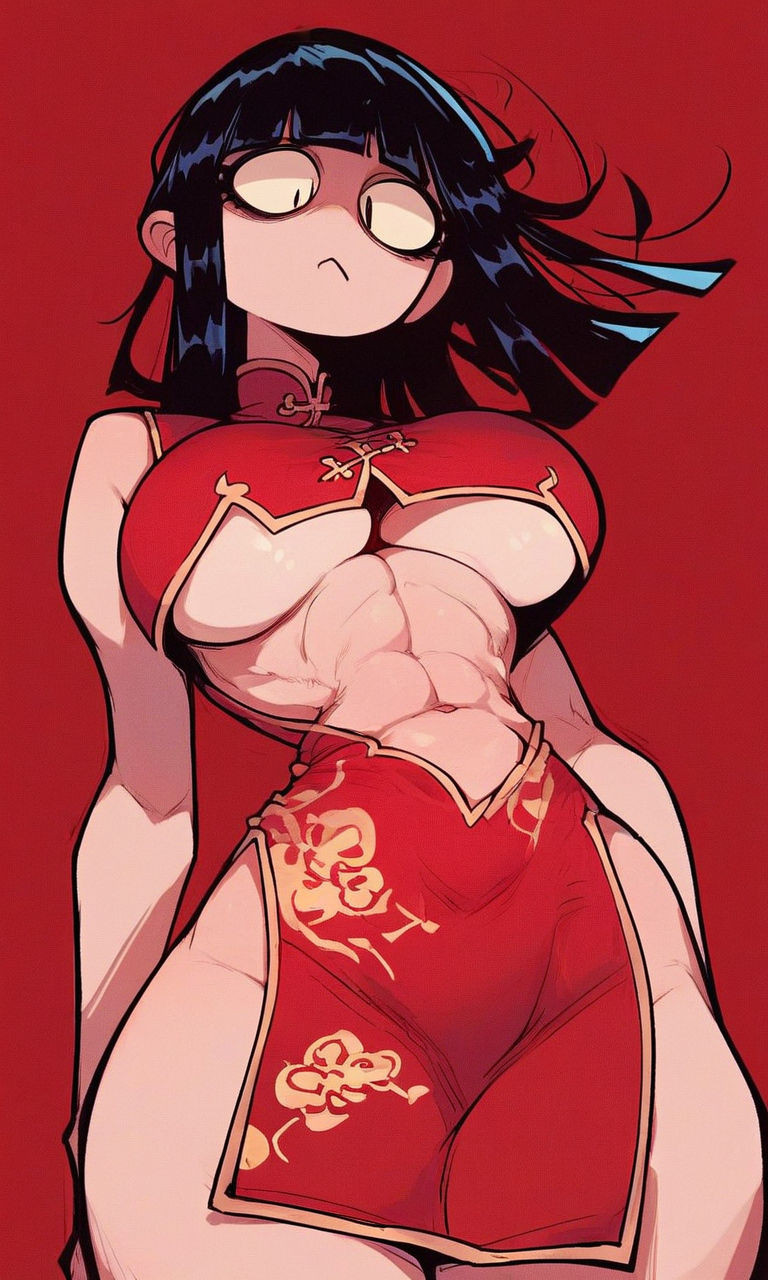 1girls abs ai_generated alternate_costume black_hair blunt_bangs china_dress chinese_clothes ching_shih_(kosine1777) exposed_stomach exposed_thighs kosine1777 kosineverse large_breasts long_hair original original_character pelvic_curtain red_background red_dress underboob valbun_style viewed_from_below