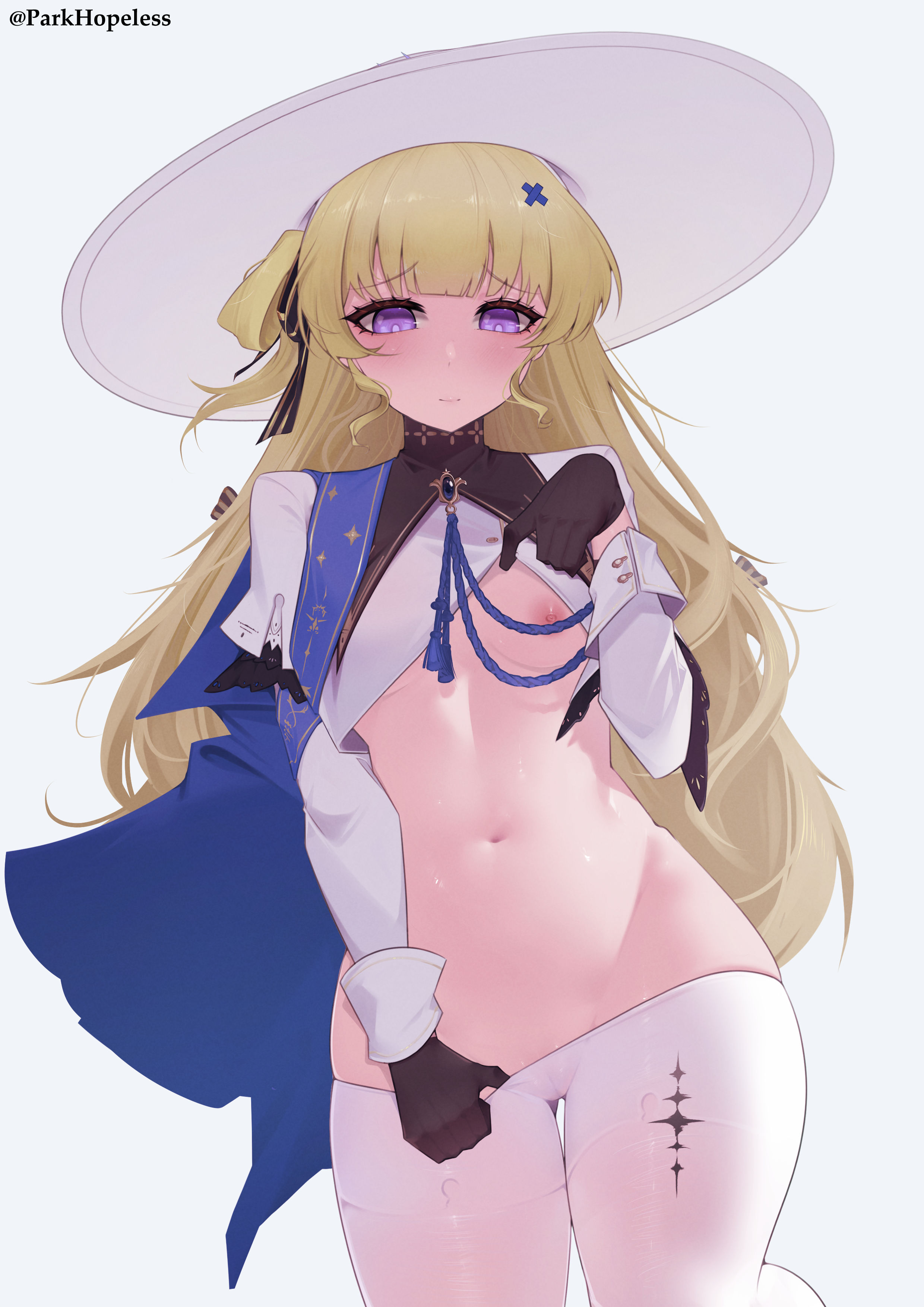 1girls, breasts, female, female only, flat chest, parkhopeless, phoebe (wuthering waves), pulling down pants, small breasts, wide brim hat, wuthering waves