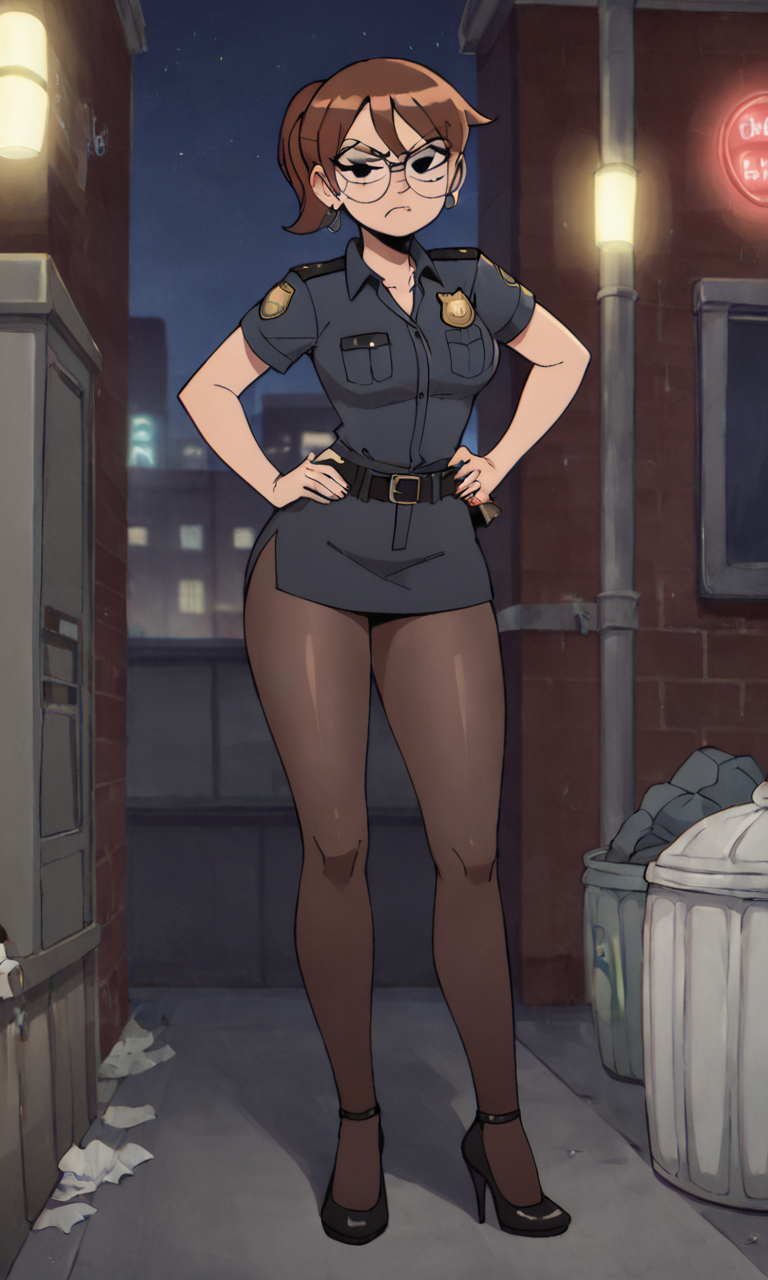 ai_generated ass bigmic145 breasts brown_hair clothed clothed_female clothing earrings female female_only glasses high_heels julie_powers looking_at_viewer netflix pantyhose police police_uniform policewoman ponytail scott_pilgrim scott_pilgrim_takes_off skirt solo_female