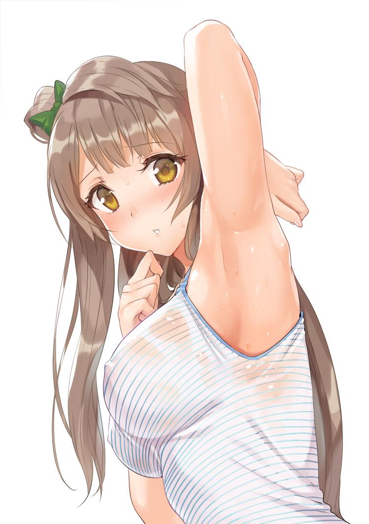 arm_up armpits blush breasts brown_eyes brown_hair covered_erect_nipples female hair_ribbon kichiroku long_hair love_live! love_live!_school_idol_project minami_kotori parted_lips ribbon showing_armpits side_ponytail simple_background solo striped sweat vertical_stripes white_background