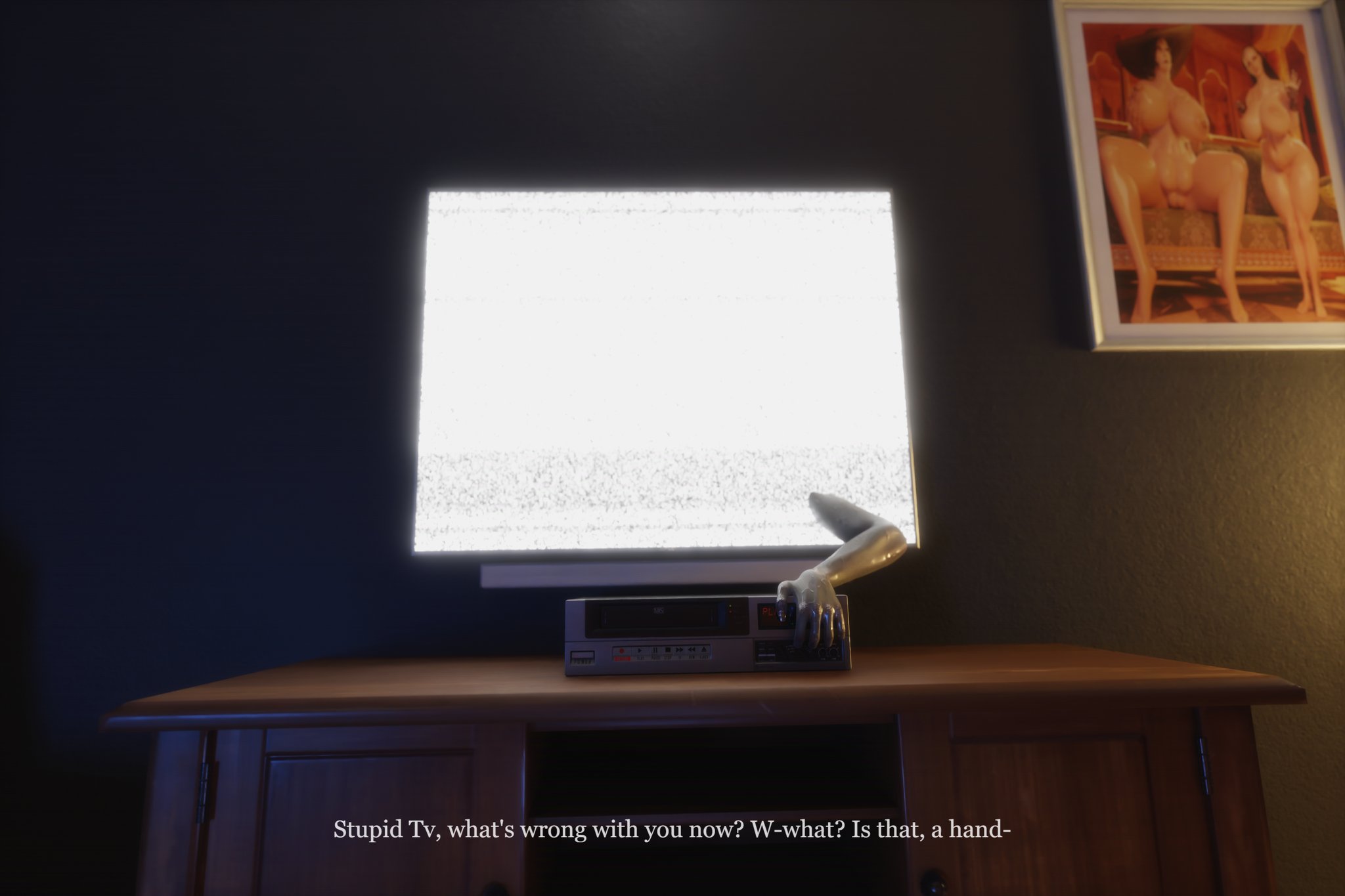 1boy, 1girls, 3d, dialogue, duranomates, english text, female, ghost, ghost girl, male, male pov, partial female, pov, static, tagme, text, the ring, tv, yamamura sadako