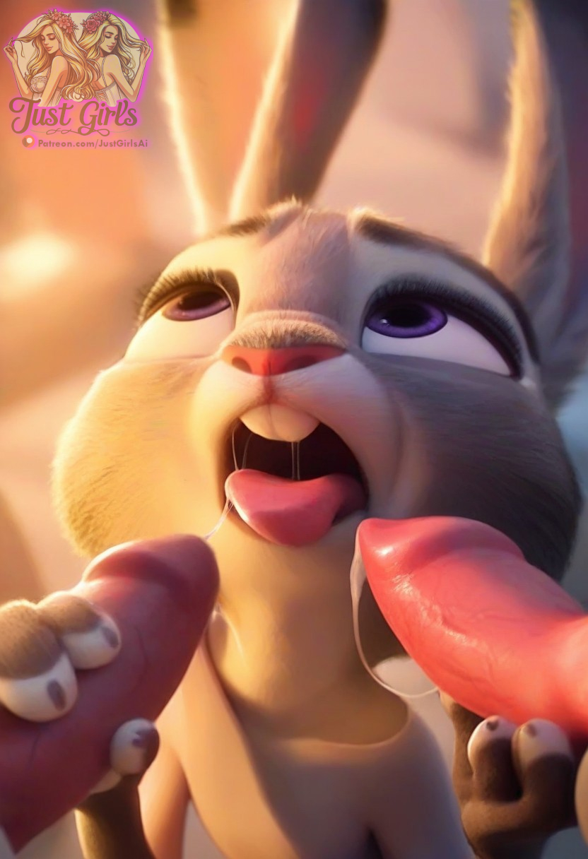 3d ai_generated cum cum_in_mouth dog_penis double_blowjob judy_hopps licking licking_penis precum precum_drip saliva small small_breasts zootopia