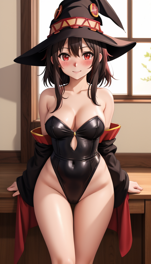 ai_generated blush bunny_suit leather_clothing megumin tagme thick_thighs witch_hat