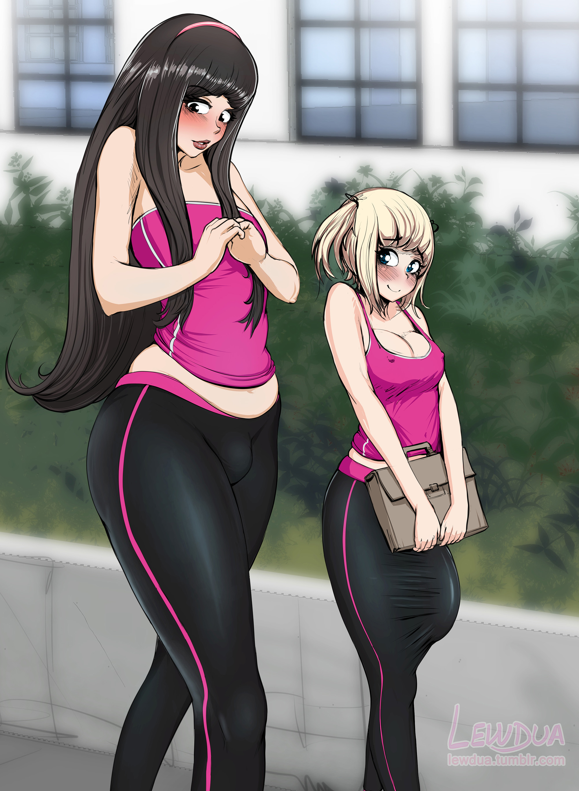 1boy, 1futa, alice (lewdua), androgynous, balls, balls bulge, balls under clothes, big breasts, blush, breasts, bulge, cameltail, cleavage, clothing, crossdressing, curvy, erect nipples, erection under clothes, femboy, full-package futa, futa is bigger, futa with male, futanari, girly, half-erect, hourglass figure, huge cock, huge penis, intersex, large balls, large breasts, lewdua, lipstick, male, nessie (lewdua), nipple bulge, nipples, original, penis, penis bulge, penis size difference, penis under clothes, tenting, trap, yoga pants