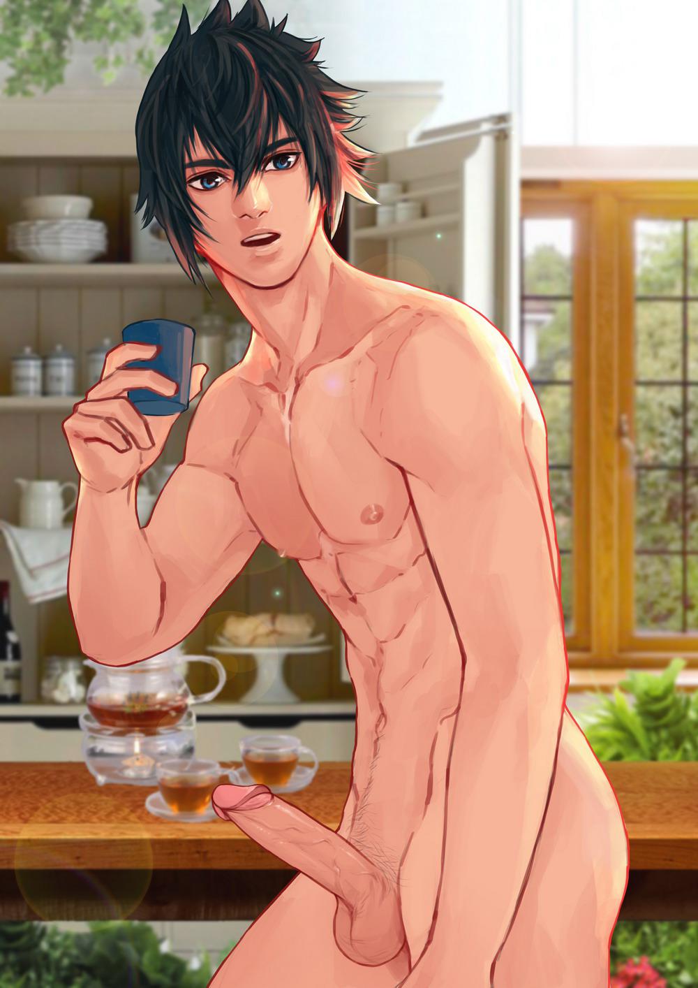 1boy black_hair blue_eyes erection final_fantasy final_fantasy_xv kitchen male male_only maorenc nipples noctis_lucis_caelum nude penis testicles