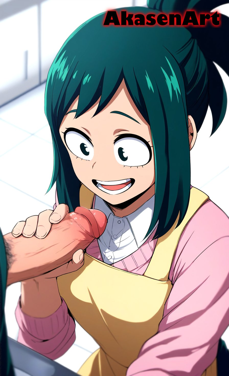 1boy 1girl ai_generated akasenart apron female green_hair handjob inko_midoriya milf my_hero_academia penis smiling