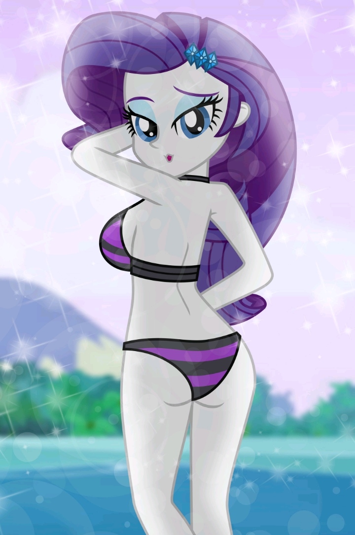 1girls, 2025, accurate art style, bikini, blue eyes, deviantart, deviantart link, emeraldblast63, equestria girls, female, female only, hasbro, long hair, looking at viewer, looking back, my little pony, my little pony equestria girls, panties, purple hair, rarity (eg), rarity (mlp), solo, solo female, striped bikini, striped panties, white body, white skin