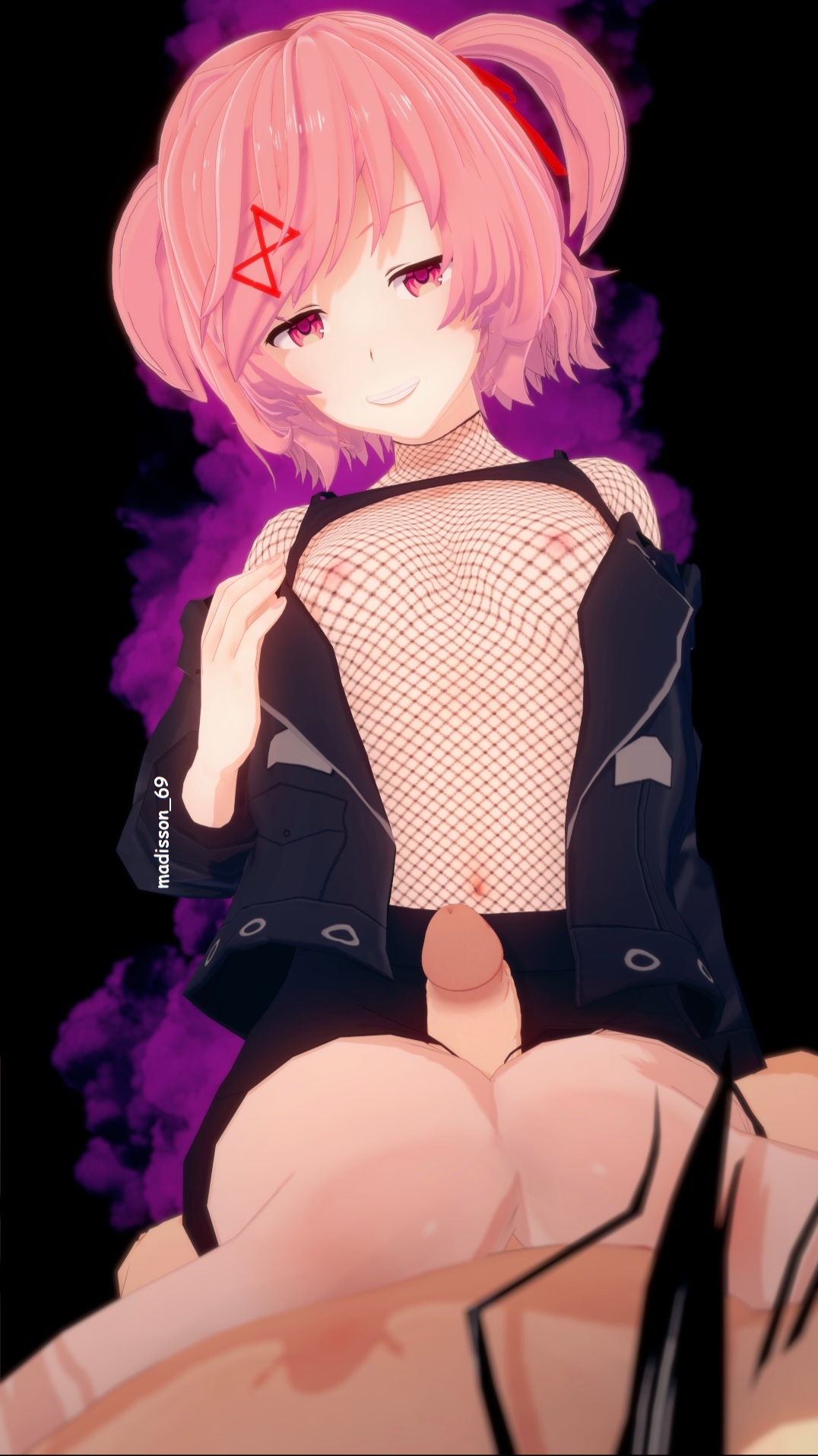 1boy, 1girls, 3d, artist request, doki doki literature club, female, human, koikatsu, looking at viewer, male, mesh shirt, natsuki (doki doki literature club), penis, pov, pov eye contact, see-through, see-through clothing, thigh job, transparent clothing