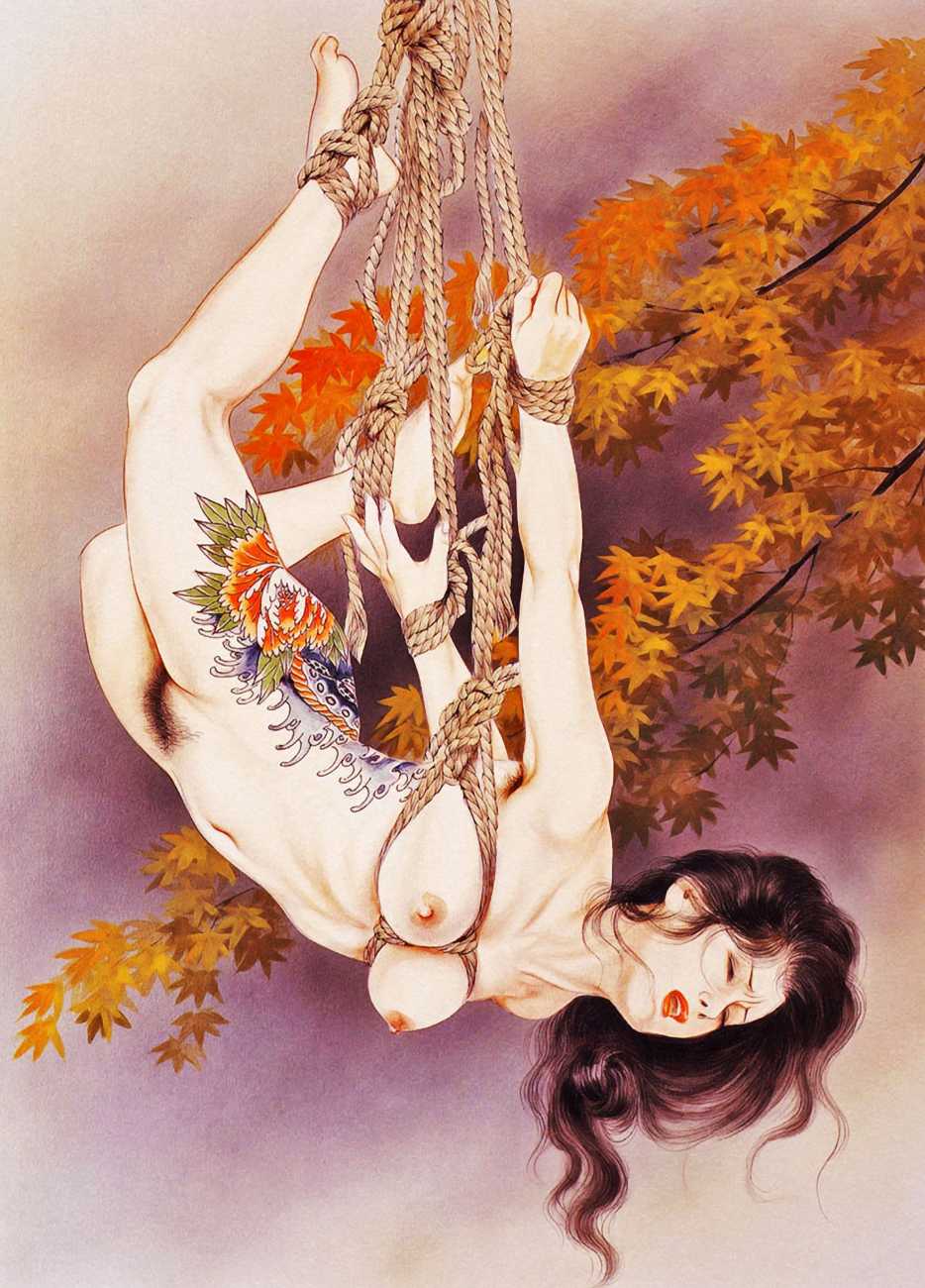 1girls ass bondage clothing colorful_skin distressed hands_tied japanese_artist kaname_ozuma large_breasts long_hair outdoors painting_(artwork) pubic_hair rope rope_bondage tattoos