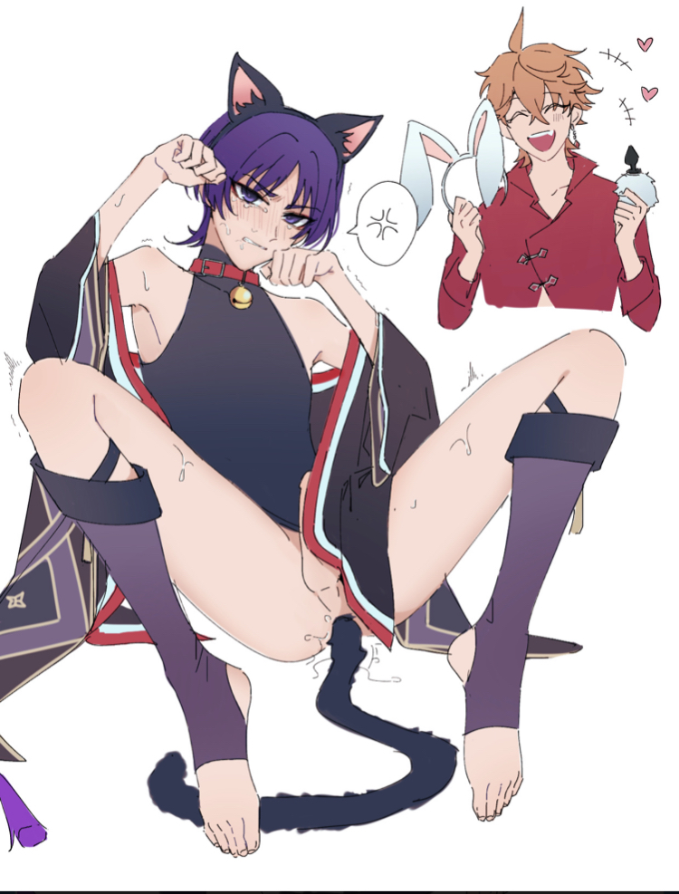 big penis, blush, cat boy, cat ears, cat tail, catboy, childe (genshin impact), dark hair, dick, genshin impact, headband, long penis, male, male only, male/male, mirukupowda, penis, scaramouche (genshin impact), spread legs, spreading, sweat, sweatdrop, sweating, tail, tartaglia (genshin impact), yaoi