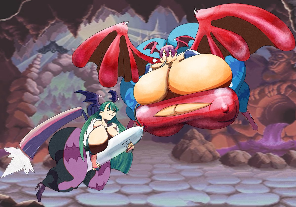 2girls areola_bulge ass_expansion breast_expansion breast_inflation bubble_butt butt_expansion butt_inflation capcom darkstalkers female female_only green_hair helium helium_inflation helium_tank hose_in_mouth huge_ass huge_breasts in-game_background inflation inflation_fetish lilith_aensland morrigan_aensland nipple_bulge puffed_cheeks purple_hair ripping_clothing succubus thick_thighs tights unfunvalentine wide_hips wings wings_on_head