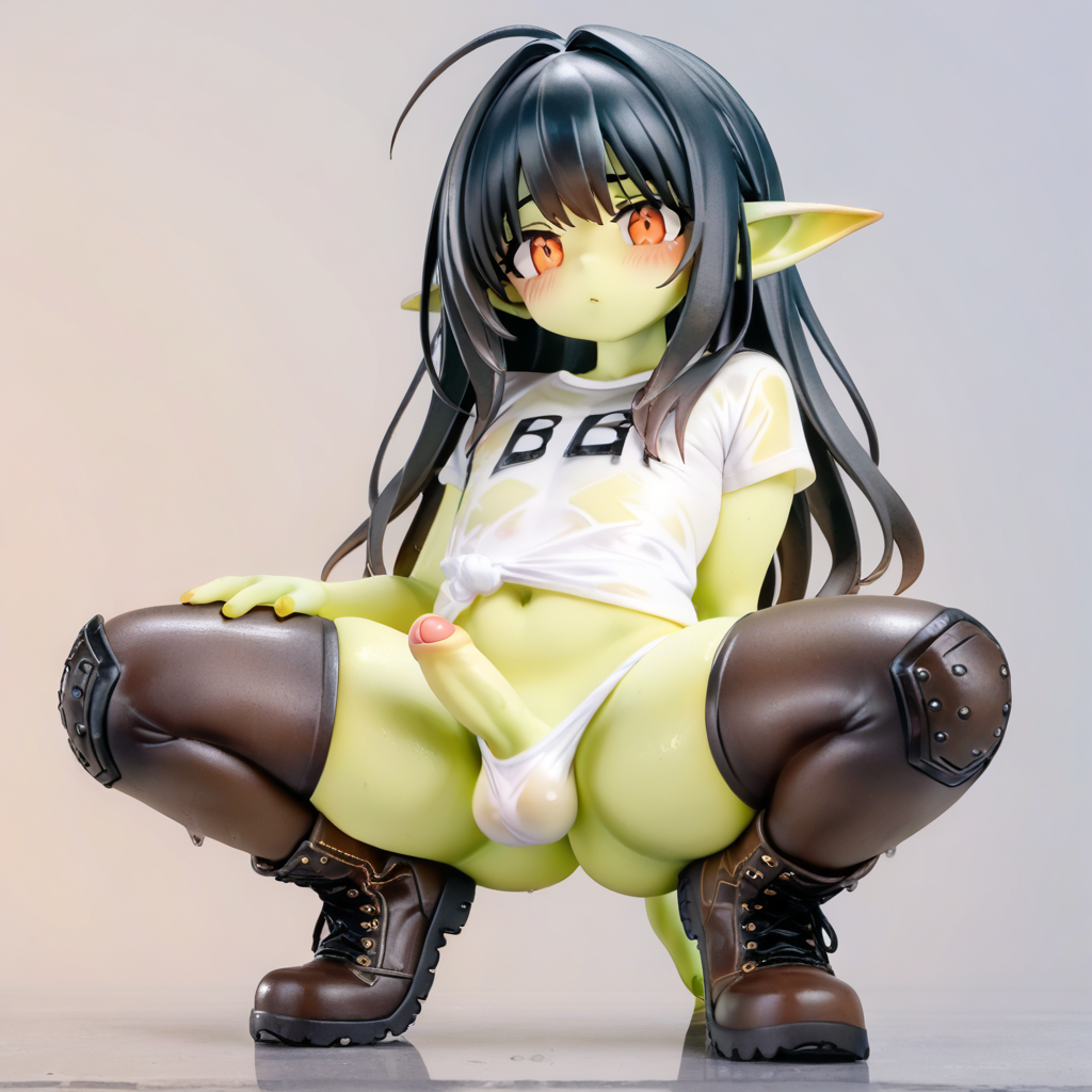 1boy ai_generated black_hair black_thighhighs blush boots crossdressing crossdressing_male erection facing_viewer femboy figure front-tie_top gay goblin goblin_male green_skin medium_penis orange_eyes panties penis pointy_ears see-through_clothing sissy squatting thighhighs trap uncut wet_clothes