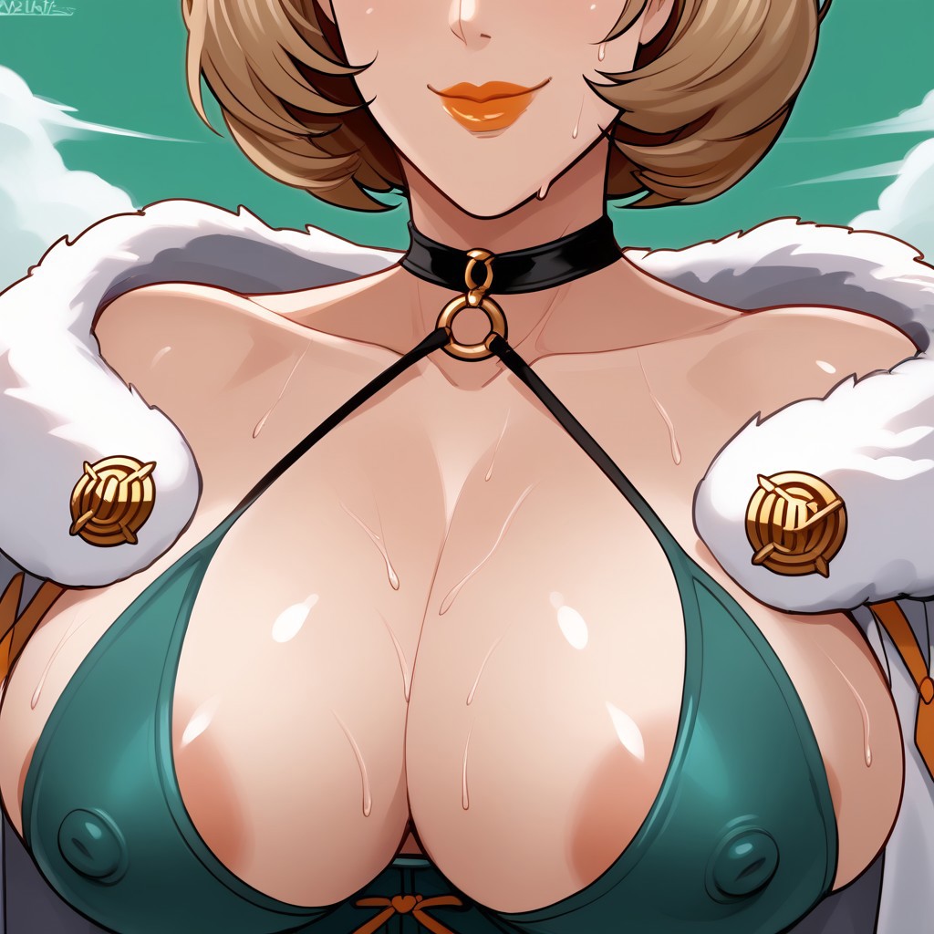 1girl ai_generated big_breasts blush breast_focus breasts_out brown_hair choker civitai clouds erect_nipples female fire_emblem fire_emblem:_three_houses gigantic_breasts green_background green_sky head_out_of_frame huge_breasts large_breasts lipstick manuela_casagranda massive_breasts mature_female milf milfification nintendo nipples_visible_through_clothing orange_lipstick revolverwingstudios_(style) seductive_smile short_hair sky smile steam steaming_body sweat tight_clothing voluptuous