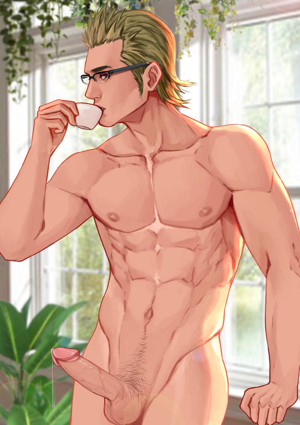 1boy blonde_hair cum erection final_fantasy final_fantasy_xv glasses ignis_scientia male male_only maorenc muscle nipples nude penis precum pubic_hair testicles