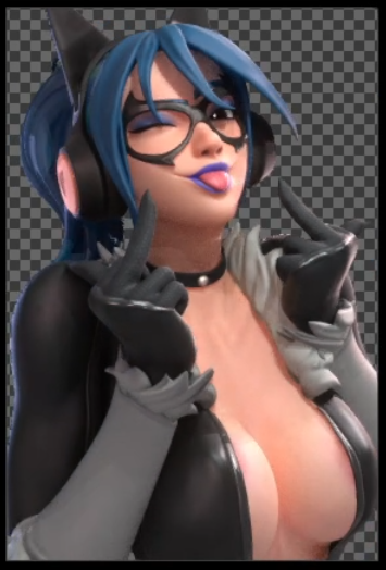 big_breasts black_body black_cat_(cosplay) blue_hair cat_ears fortnite fortnite:_battle_royale heroic_hope_(fortnite) hope_(fortnite) latex_suit low_cut_top marvel marvel_comics ponytail starinww tongue_out