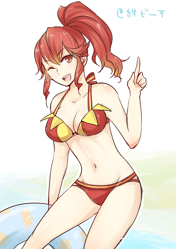 1girls, anna (fire emblem awakening), anna (fire emblem), arms, bare arms, bare legs, bare midriff, bare shoulders, bikini, breasts, female, fire emblem, fire emblem awakening, midriff, ponytail, red eyes, red hair, smile, solo, swimsuit, thighs, water, wink