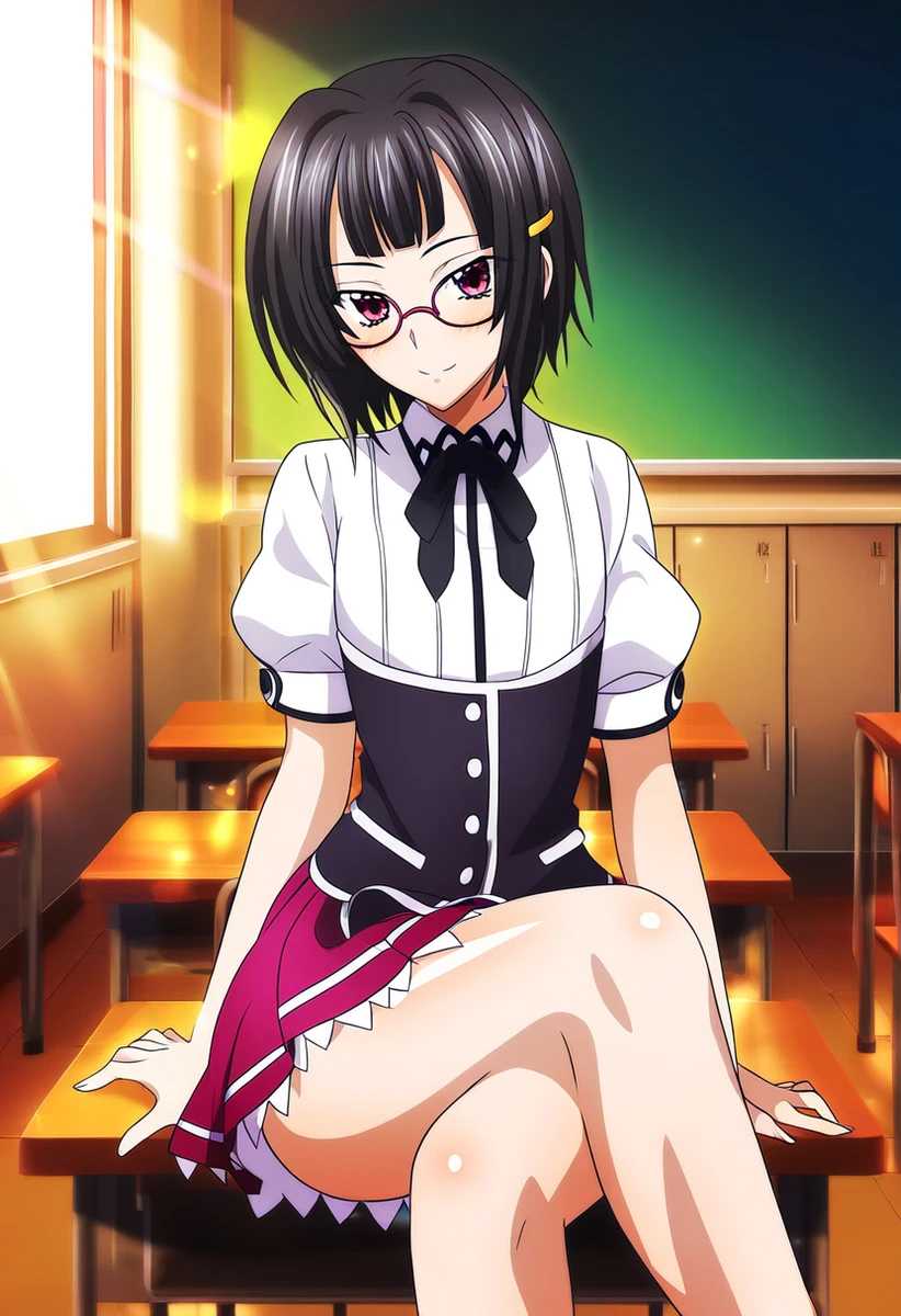 1girls ai_generated classroom crossed_legs high_school_dxd school_uniform sitting_on_table smile solo sona_sitri