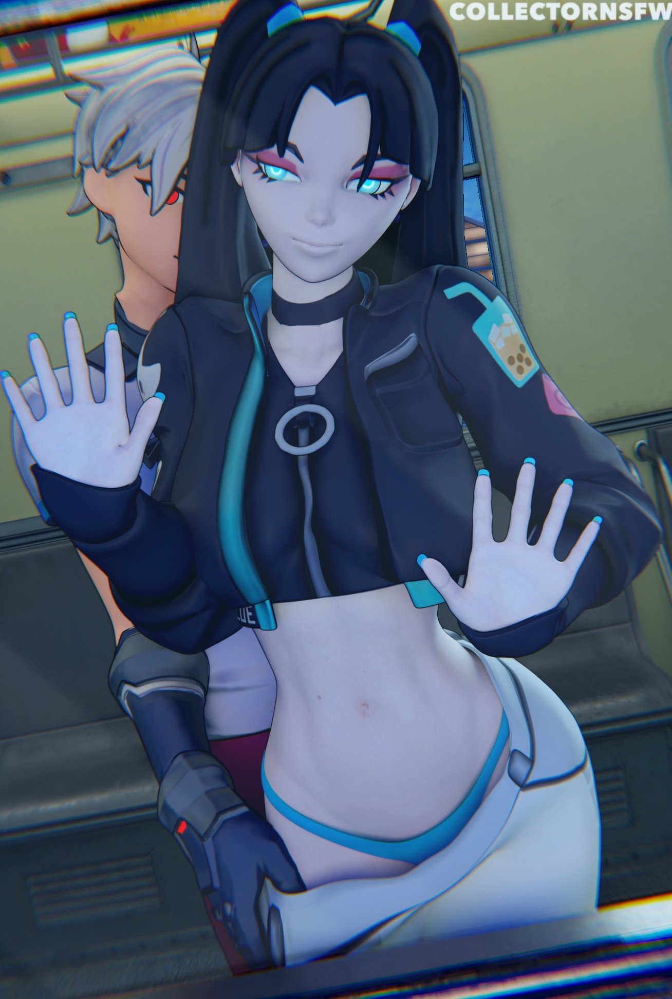 3d, against window, bedroom eyes, before sex, black hair, black-haired female, clothed, clothed female, clothed male, clothing, epic games, exposed panties, female, female focus, fortnite, fully clothed, fully clothed female, fully clothed male, human, human female, human male, human only, light skin, light-skinned female, light-skinned male, long hair, long-haired female, looking at partner, looking away, male, orin (fortnite), panties, pants, pants down, pigtail, pulling pants down, smile, smiling, the collectorhd, train, train sex, twintails, twitter link, watermark, zoe clash (fortnite)