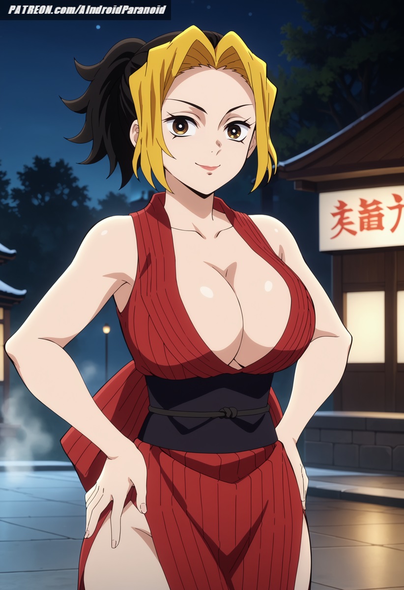 ai_generated aindroidparanoid ass bicolored_hair big_ass big_breasts big_butt black_hair breasts busty cleavage demon_slayer fat_ass female female_only hands_on_hips hips huge_breasts kimetsu_no_yaiba large_ass large_breasts legs makio_(kimetsu_no_yaiba) massive_breasts narrow_waist night ninja outdoors stable_diffusion standing tight_clothing town waist wide_hips yellow_eyes yellow_hair