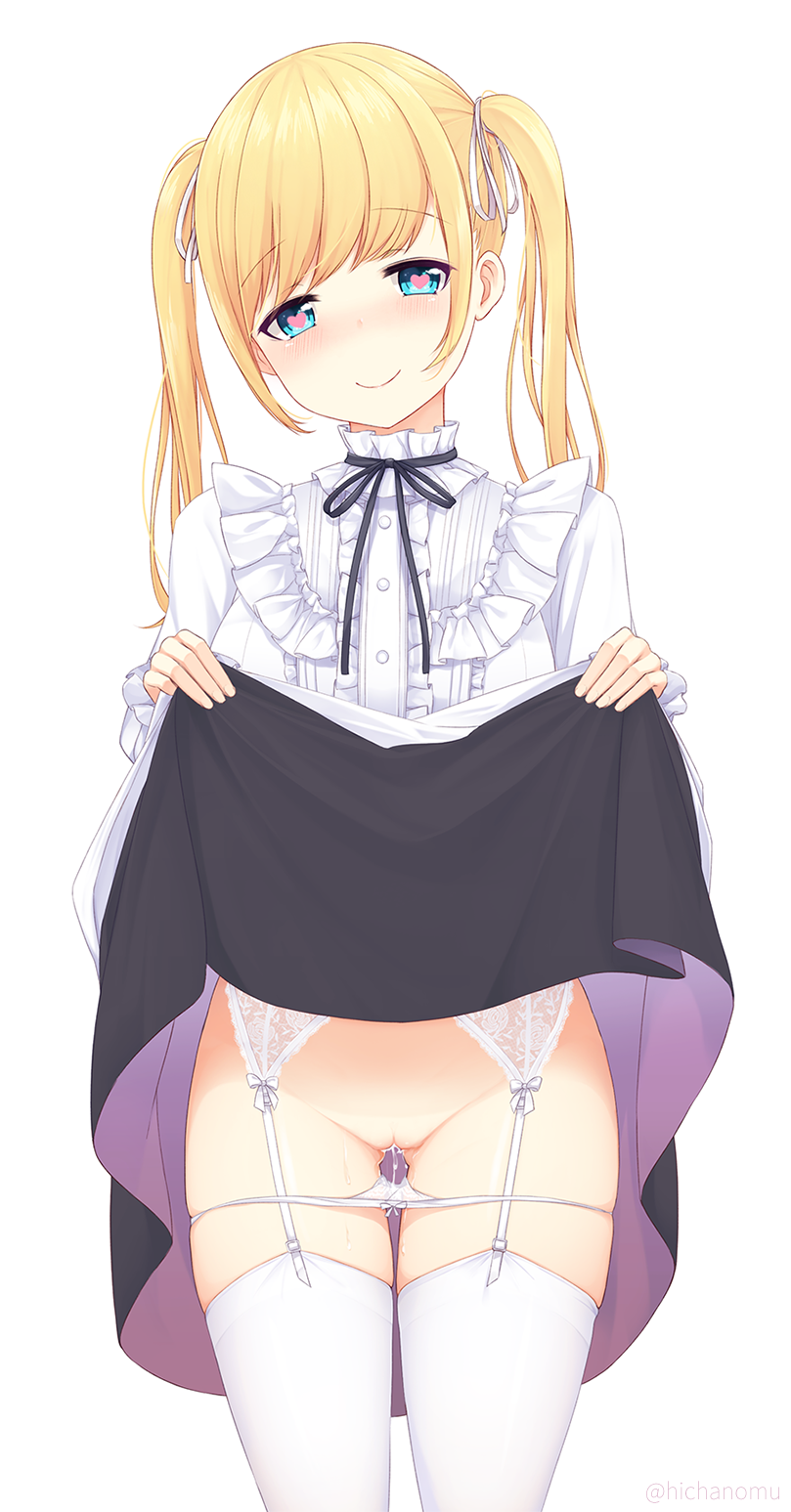 blonde_hair blue_eyes blush breasts female garter_belt heart heart-shaped_pupils hicha_nomu highres long_hair looking_at_viewer original panties panty_pull pussy pussy_juice skirt skirt_lift smile solo symbol-shaped_pupils thighhighs twintails uncensored underwear