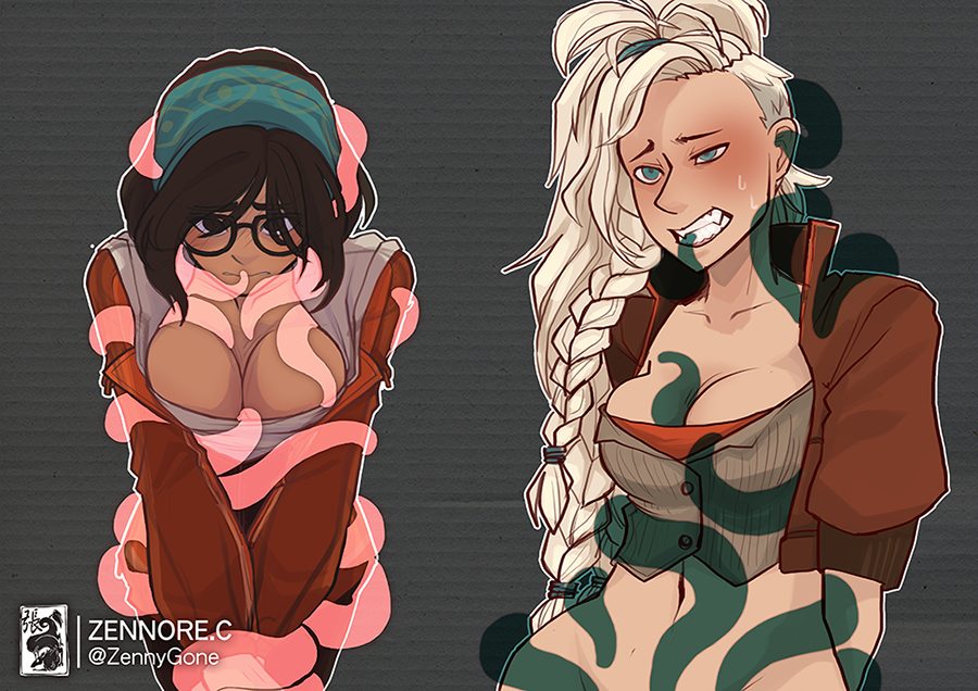 alma_(monster_hunter_wilds) biosuit cleavage clothed_sex clothing dubious_consent gemma_(monster_hunter_wilds) glasses gritted_teeth implied_penetration implied_sex large_breasts living_clothes midriff monster_hunter monster_hunter_wilds orgasm restrained zennore