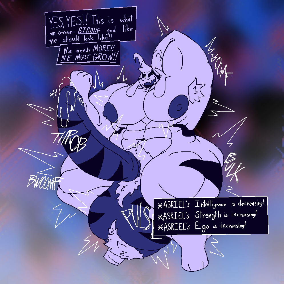 abs anthro armpit_hair asriel_dreemurr_(god_form) balls big_balls big_muscles big_pecs big_penis bodily_fluids body_hair boss_monster_(undertale) bovid caprine felineflustered genital_fluids genitals goat growth hairy_balls himbofication huge_balls huge_cock huge_muscles huge_pecs hyper hyper_balls hyper_genitalia hyper_penis intelligence_loss lips male mammal muscle_growth muscular onomatopoeia pecs penis precum pubes solo sound_effects text thick_lips thick_thighs undertale undertale_(series)