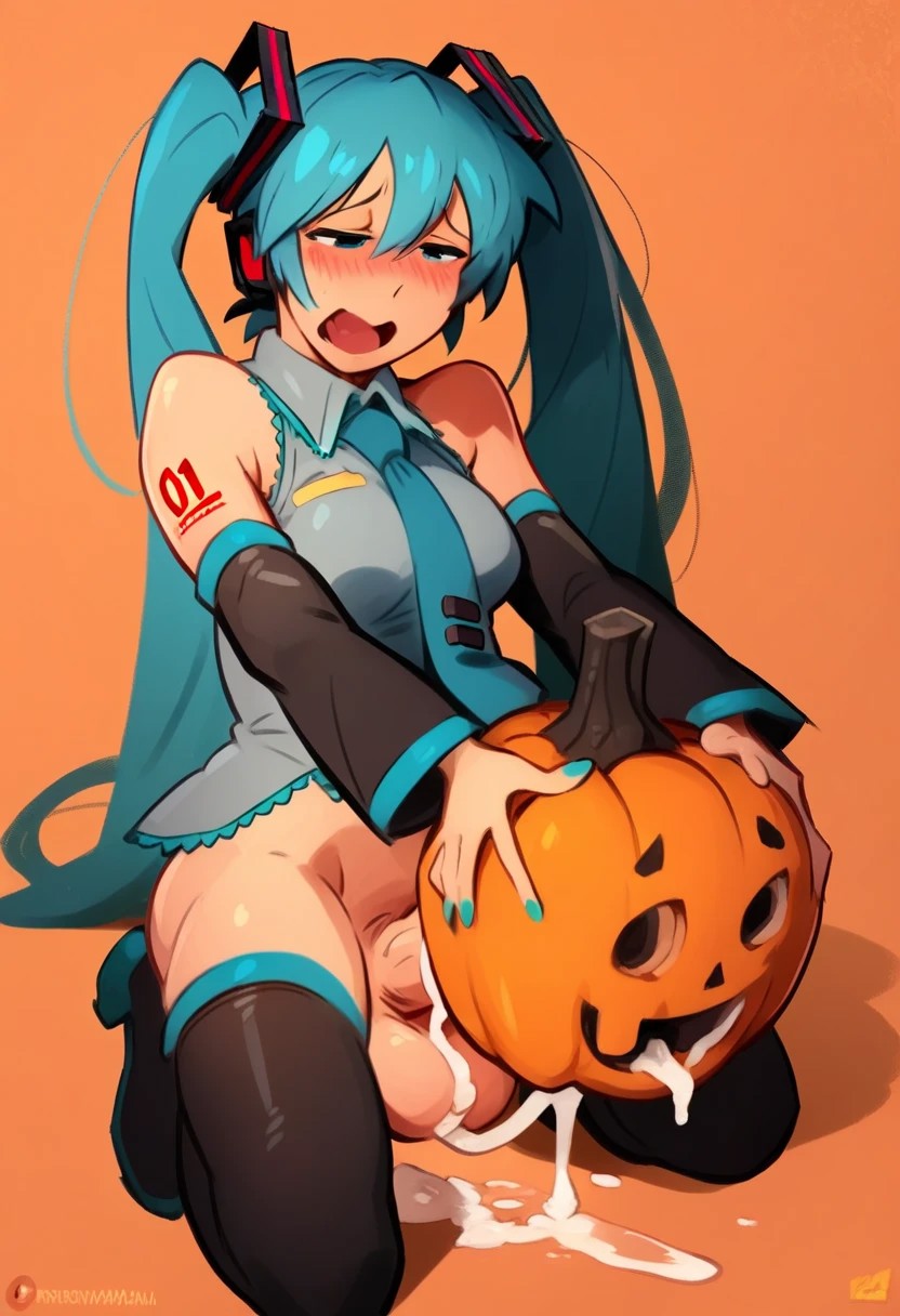 ai_generated black_legwear black_stockings blue_eyes blue_hair blush cum cum_inside cumdrip ejaculation embarrassed futa_only futanari halloween hatsune_miku improvised_sex_toy khyleri kneeling legwear necktie open_mouth pumpkin pumpkin_masturbation shirt solo solo_focus solo_futa stockings testicles thighhighs twintails vocaloid