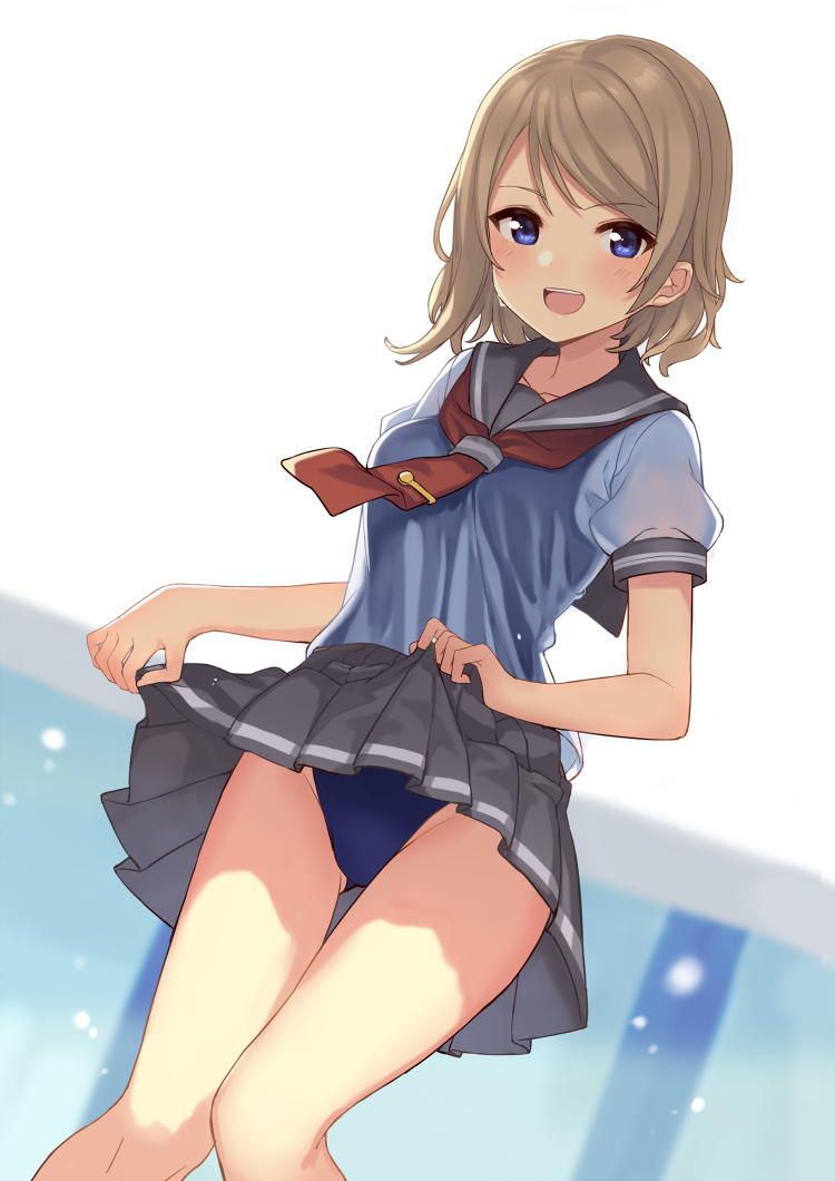 ass_visible_through_thighs female love_live! love_live!_sunshine!! see-through see-through_clothing serafuku skirt_lift skirt_up solo swimsuit thighs watanabe_you wet