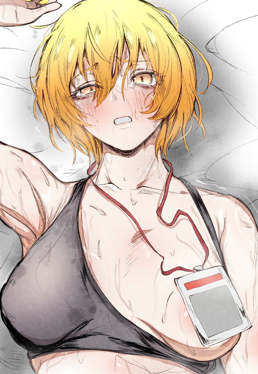 1girls big_breasts blonde_hair blush don_quixote_(limbus_company) limbus_company looking_at_viewer nb8c on_back one_breast_out open_mouth orange_eyes partially_clothed project_moon short_hair solo sweat