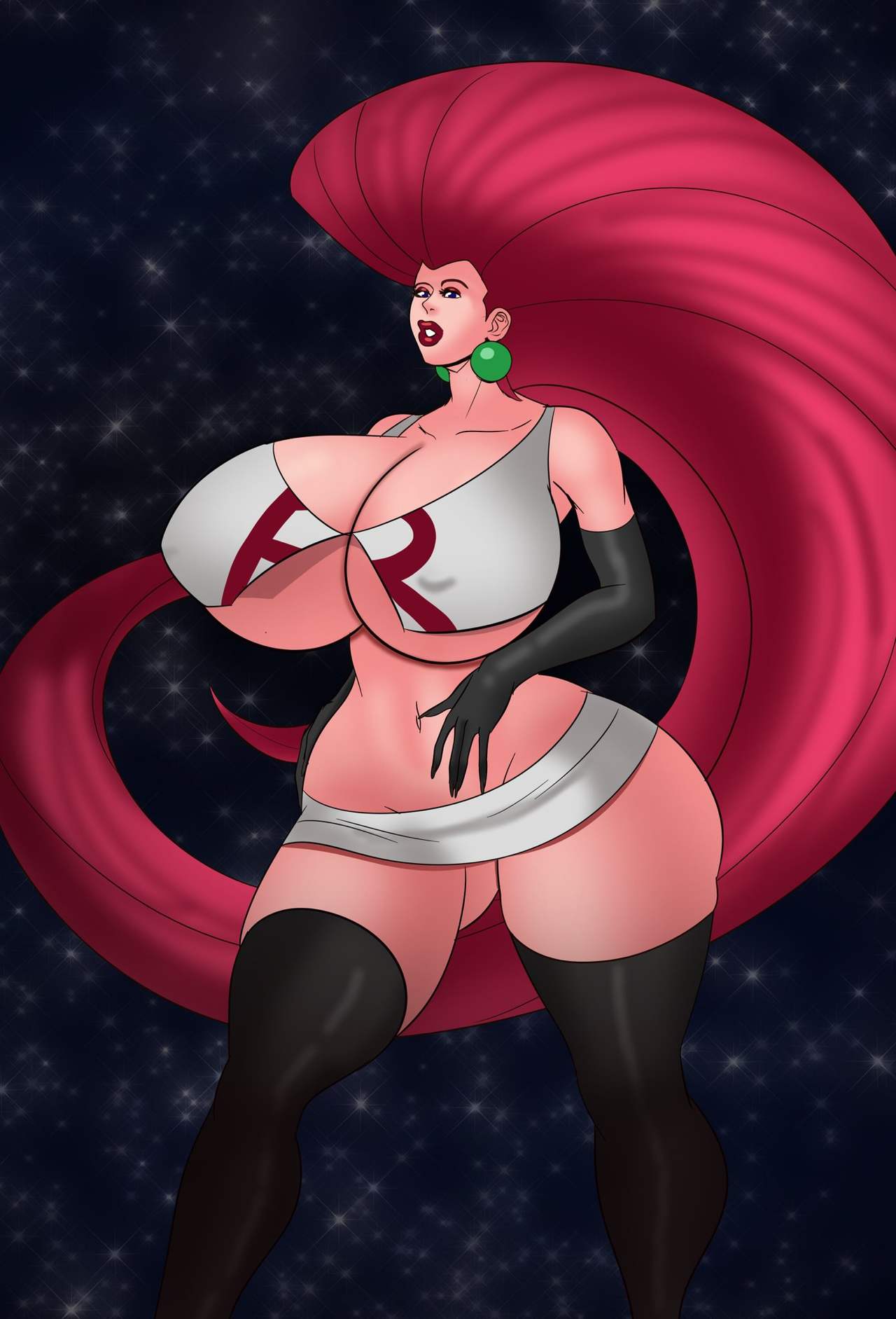 1girls annon barely_clothed big_ass big_breasts big_lips bimbo bimbofication female gloves jessie_(pokemon) pokemon