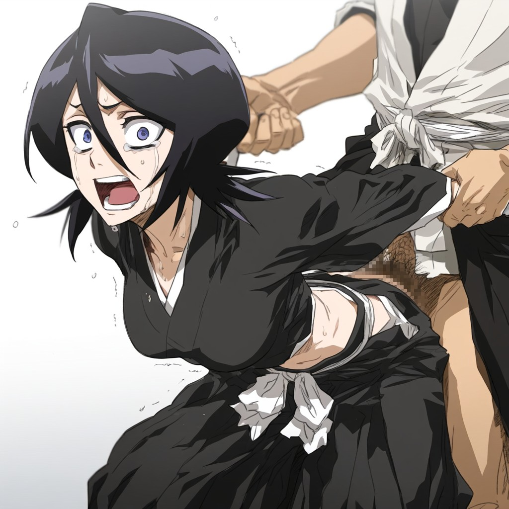 1boy 1girls ai_generated black_hair bleach crying female forced forced_sex kuchiki_rukia male penetration rape raped_female raped_girl unwilling