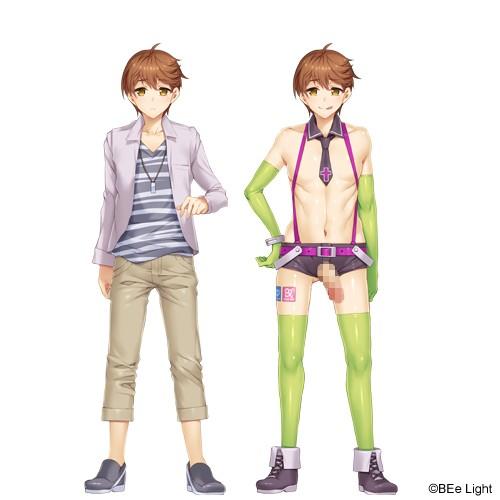 1boy androgynous before_and_after blush bracelet brown_eyes brown_hair censored crossdressing erection femboy girly gloves looking_at_viewer male_focus male_only mizuryuu_kei multiple_boys navel necktie pants penis shirt shoes simple_background smile thighhighs trap