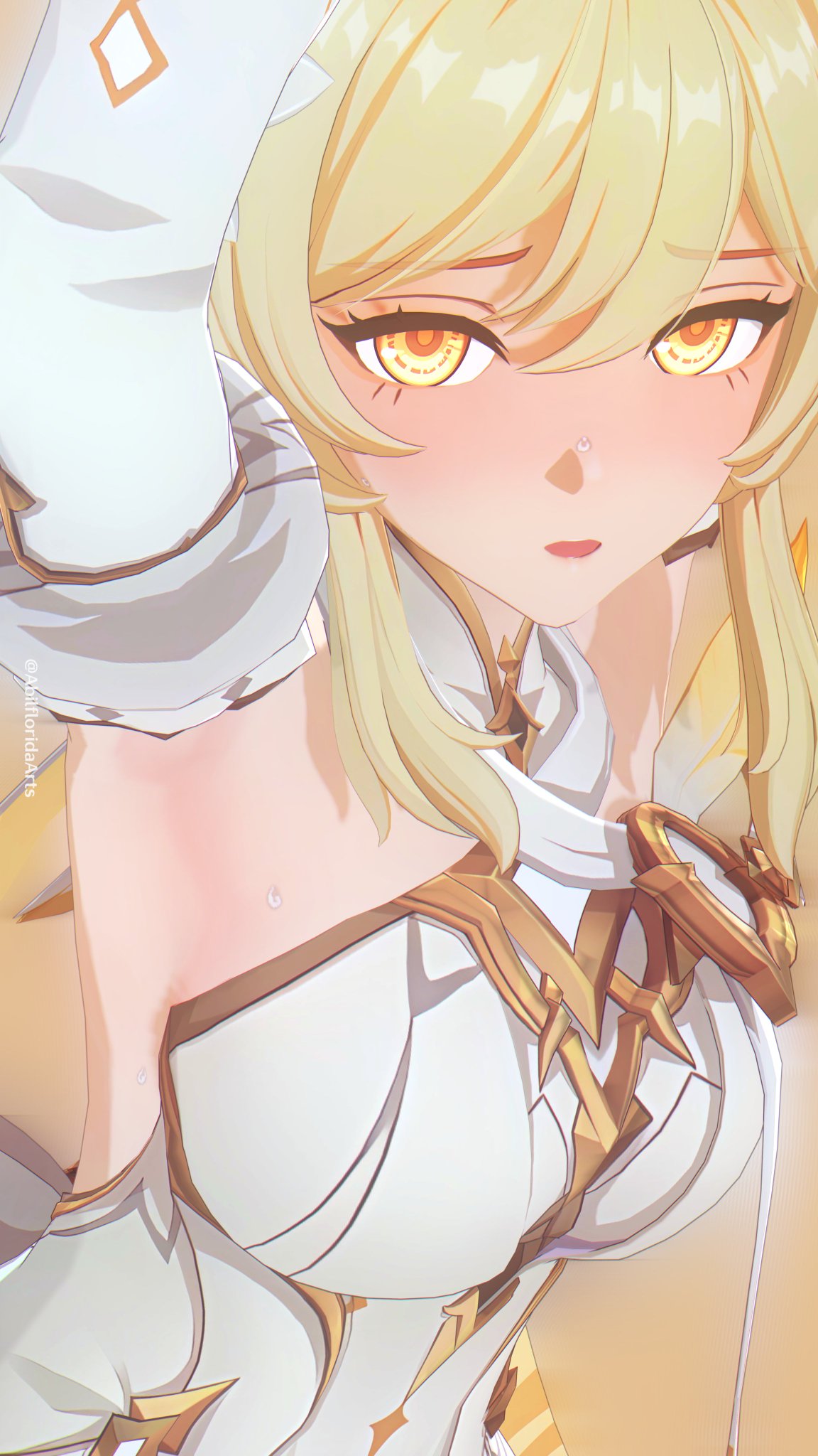 1girls, arm up, armpits, blonde female, blonde hair, close up, close-up, closeup, female, flustered, genshin impact, lumine (genshin impact), open mouth, sexy, sexy armpits, sexy pose, slight blush, yellow eyes