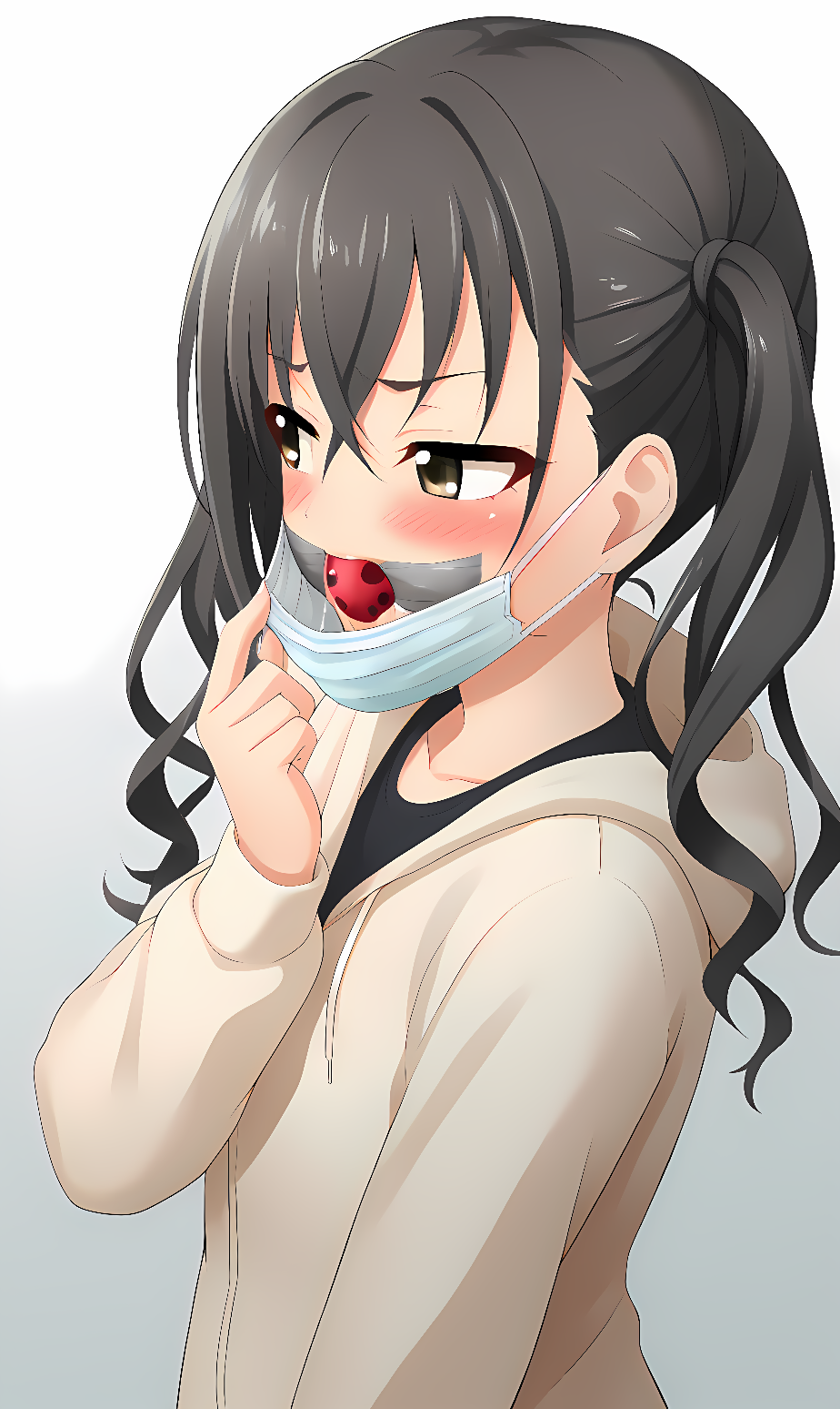 1girls ai_generated ball_gag black_hair brown_eyes clothed_female embarrassed embarrassed_female gag gag_under_mask gagged hoodie looking_away mask mask_pull solo solo_female sunazuka_akira tape_gag the_idolm@ster the_idolm@ster_cinderella_girls twintails