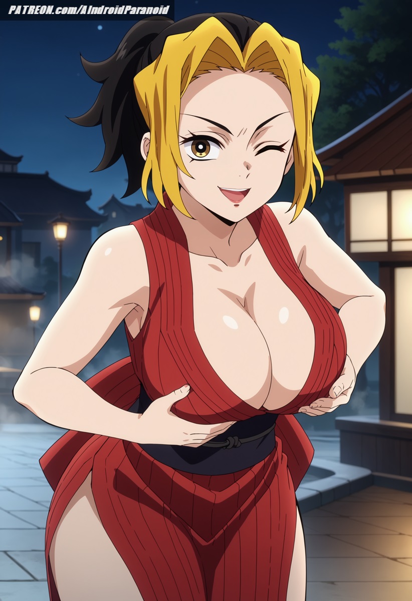 ai_generated aindroidparanoid ass bicolored_hair big_ass big_breasts big_butt black_hair breasts busty cleavage demon_slayer fat_ass female female_only grabbing_own_breast hips huge_breasts kimetsu_no_yaiba large_ass large_breasts legs makio_(kimetsu_no_yaiba) massive_breasts narrow_waist night ninja outdoors squeezing squeezing_breast stable_diffusion standing tight_clothing town waist wide_hips yellow_eyes yellow_hair