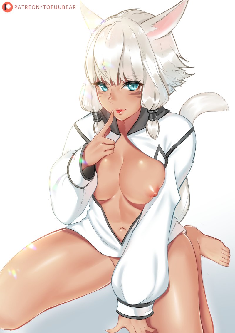 areolae, blue eyes, breasts, cat girl, female, female only, final fantasy, final fantasy xiv, looking at viewer, miqo'te, neko, nipples, solo, spread legs, tan, tofuubear, white background, white hair, y'shtola
