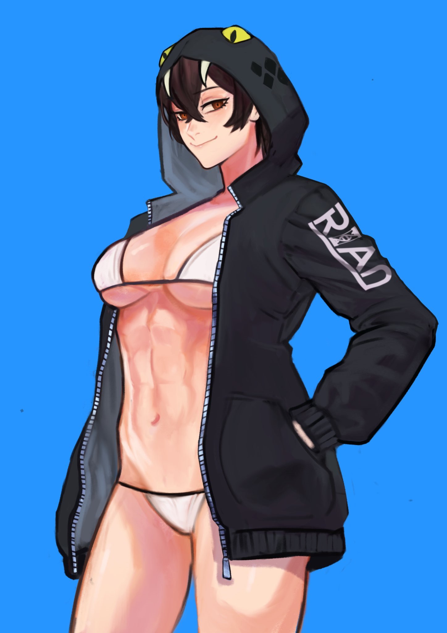 abs bikini black_hair explosifchoker jacket muscular muscular_female nerine_(explosifchoker) oc original original_character sethkiell smile snake snake_hood string_bikini string_panties