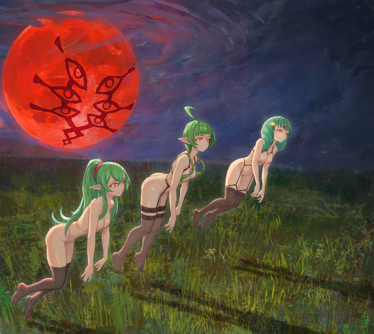 3girls corruption eyes_of_grima fire_emblem fire_emblem:_three_houses fire_emblem_awakening flayn_(fire_emblem) green_hair manakete medium_breasts mind_control moon moonlight nah_(fire_emblem) nintendo nipples pointy_ears red_eyes red_moon small_breasts tiki_(adult)_(fire_emblem) tiki_(fire_emblem) yugenvisuals