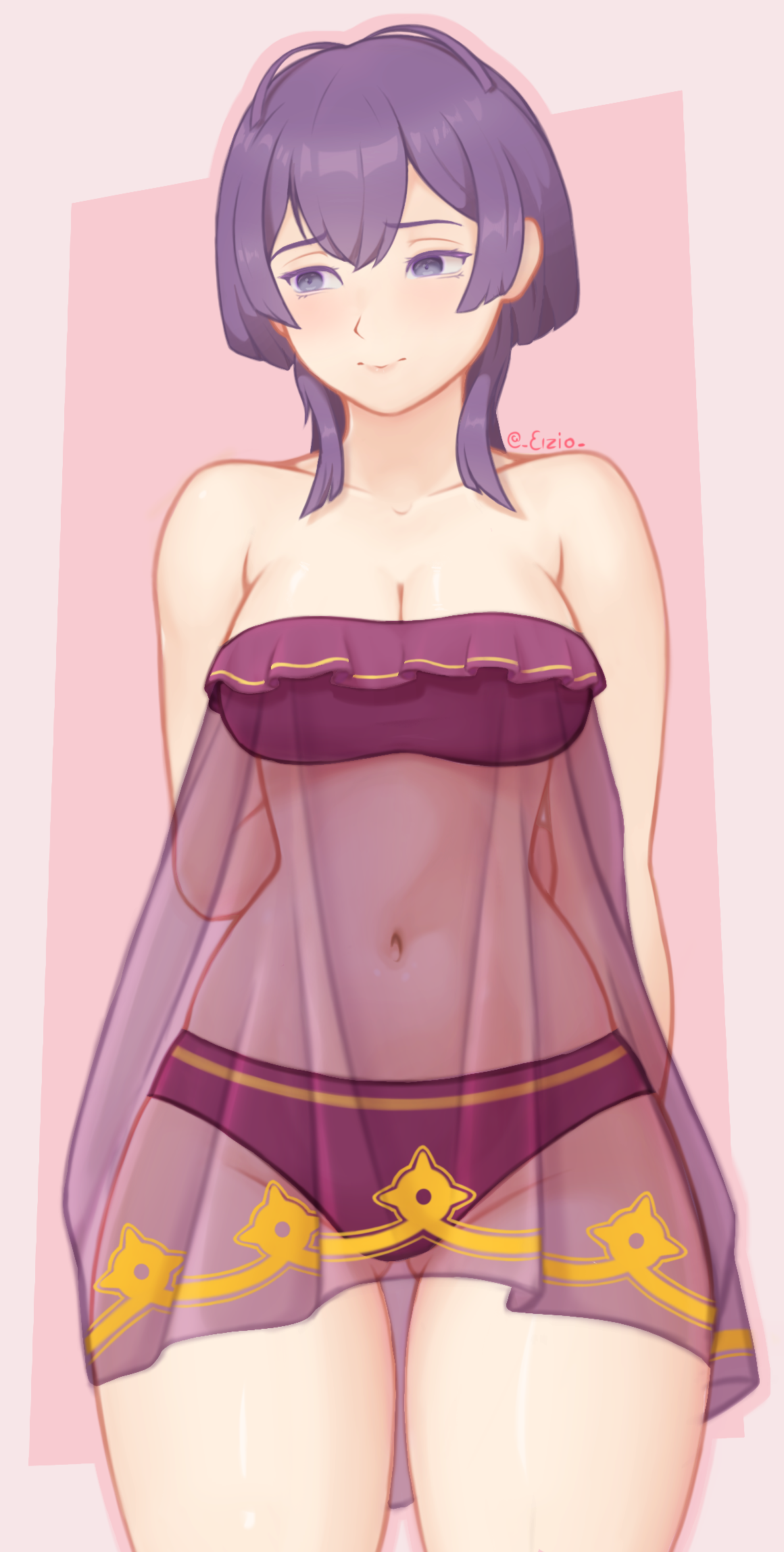 1girls, ass, ass visible through thighs, bernadetta von varley, bikini, breasts, cleavage, eizio, female, female only, fire emblem, fire emblem: three houses, grey eyes, looking away, medium breasts, nintendo, post-timeskip, purple hair, shy, solo, swimsuit, thick thighs, thighs