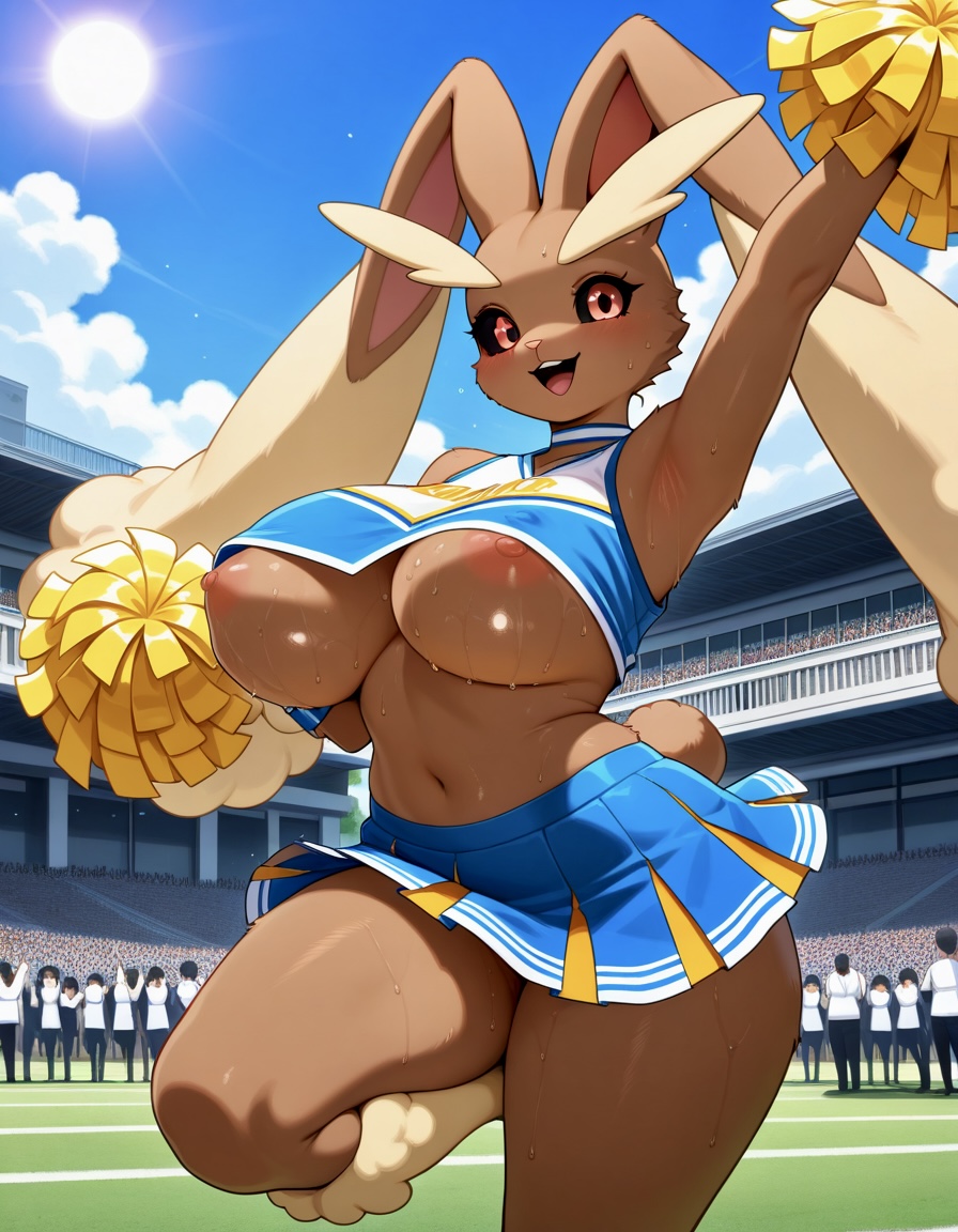 ai_generated cheerleader cheerleader_outfit cheerleader_uniform exhibitionism exhibitionist exposed_breasts exposed_nipples generation_4_pokemon lopunny outdoor pokémon_(species) pokemon pokemon_(species) public sirenia sweaty_body sweaty_breasts