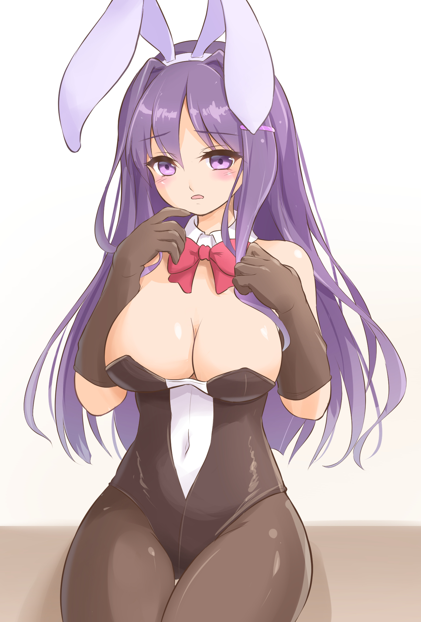 1girls, bare shoulders, big breasts, bow, bowtie, bowtie collar, breasts, bunny ears, bunnysuit, cleavage, collar, ddg65 saratoga, doki doki literature club, female, long hair, navel visible through clothes, pantyhose, purple eyes, purple hair, solo, solo female, yuri (doki doki literature club)