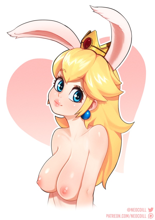 1girls, artist signature, big breasts, blonde hair, blue eyes, breasts, bunny ears, busty, crown, earrings, eyebrows visible through hair, female, large breasts, long hair, looking at viewer, mario (series), neocoill, nintendo, nipples, princess peach, signature, solo, solo female, solo focus, topless, topless female, watermark