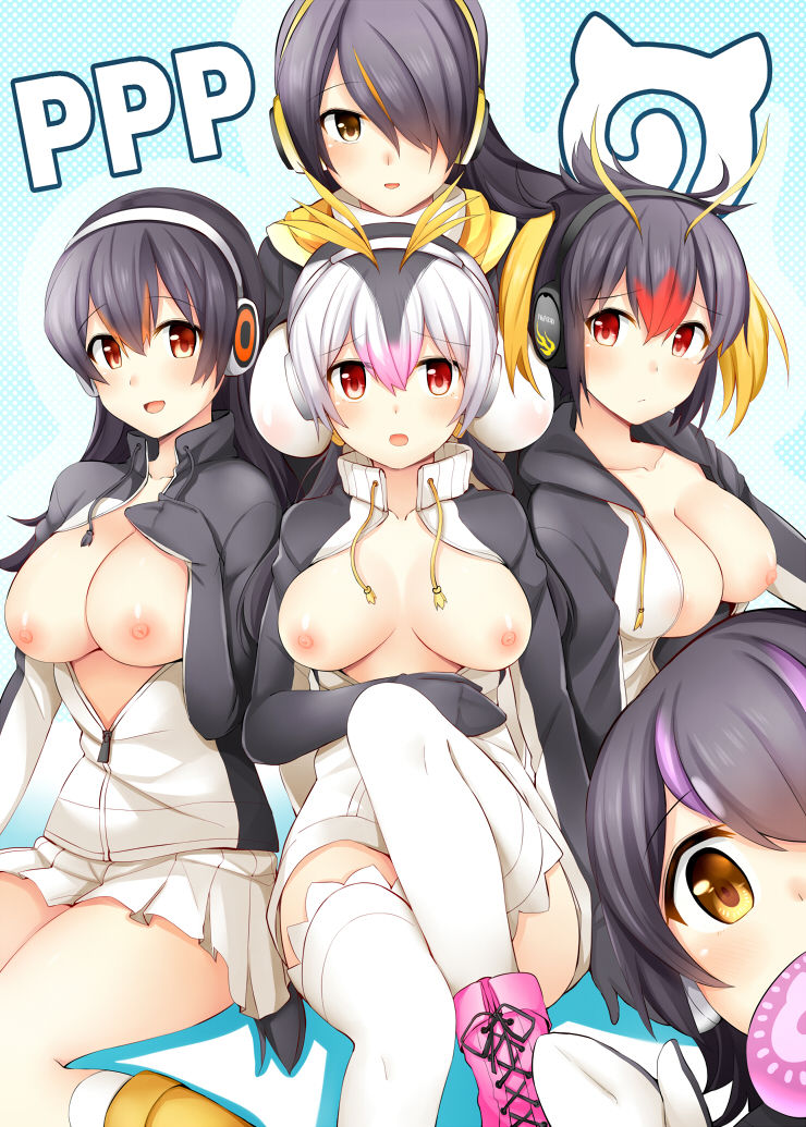 5girls breasts emperor_penguin_(kemono_friends) female gentoo_penguin_(kemono_friends) hair_over_one_eye humboldt_penguin_(kemono_friends) kemono_friends large_breasts leotard long_hair looking_at_viewer multiple_girls nipples penguins_performance_project_(kemono_friends) puffy_nipples rayze red_eyes rockhopper_penguin_(kemono_friends) royal_penguin_(kemono_friends) shiny_skin sitting smile team