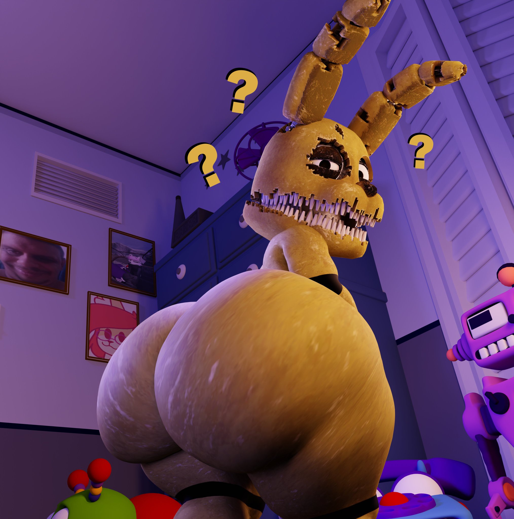 3d, aidenz, animatronic, ass, ass bigger than head, bedroom, big ass, big butt, confused, five nights at freddy's, five nights at freddy's 4, male, male only, plushtrap, plushtrap (fnaf), shortstack, solo, tagme, toys, uncle aiden