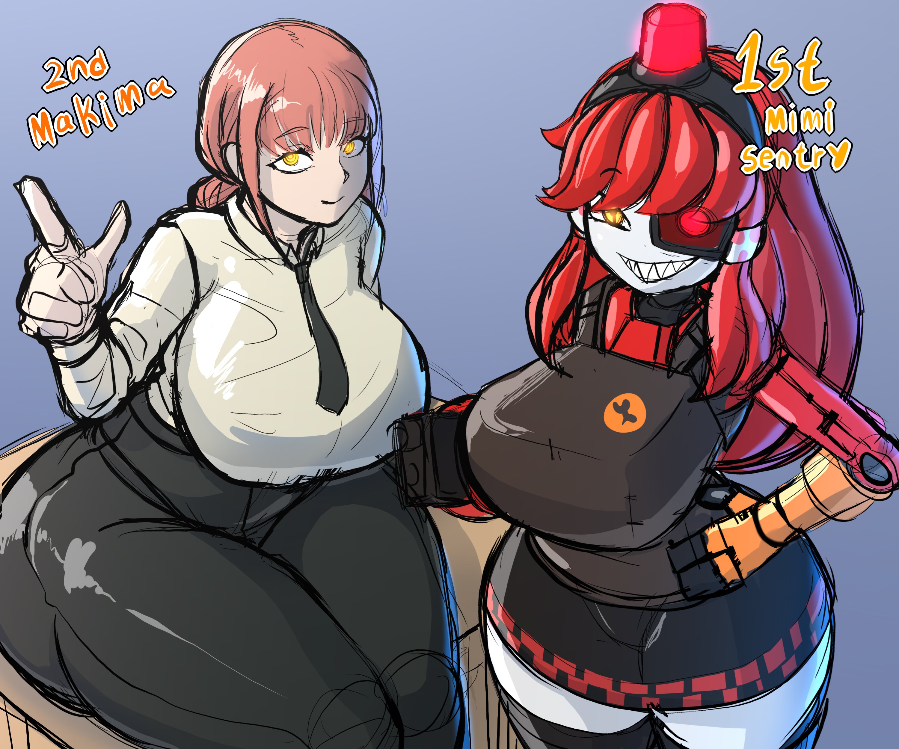 2girls, ass, ass bigger than head, babyhunt4, big ass, big breasts, big butt, blue background, breasts, breasts bigger than head, bubble ass, bubble butt, chainsaw man, clothing, crossover, curvaceous, curvy, curvy figure, english text, female, female only, fully clothed, glowing eyes, hand on hip, huge ass, huge breasts, long hair, looking at viewer, makima (chainsaw man), mimi sentry, office lady, poll winner, red hair, ringed eyes, robot, robot girl, sharp teeth, skirt, tagme, team fortress 2, text, thick thighs, voluptuous, voluptuous female, wide hips, yellow eyes