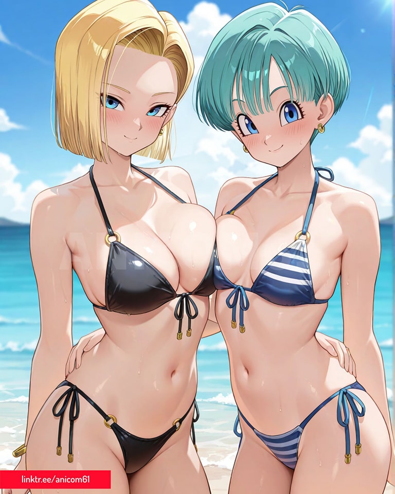 2025 ai_generated android_18 beach bikini bikinis bulma_(dragon_ball) bulma_briefs bulma_briefs_(dragon_ball_super_superhero) dragon_ball dragon_ball_super dragon_ball_z happy meta smile smile_at_viewer