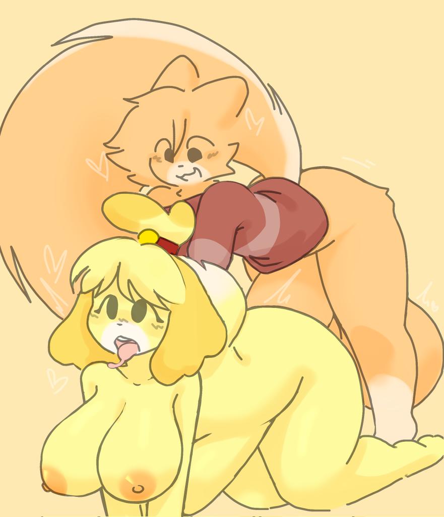 alex (horniicat), animal crossing, cat ears, cat tail, female, furry, horniicat, hyper penis, isabelle (animal crossing), male, penis
